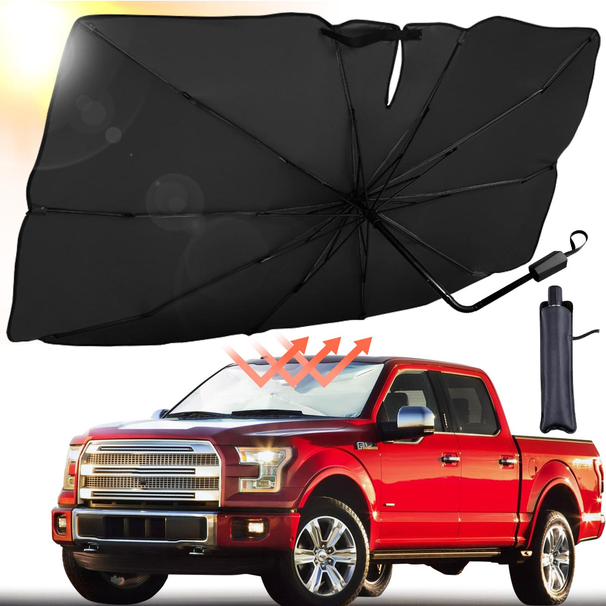 Car Windshield Sun Shade Umbrella, Bendable Car Umbrella Window Sunshades for Automotive Front Window, Windscreen Sun Shade Cover Fit for Most Cars Vehicle SUV Truck-Large Size 57x31 Inches (Black)