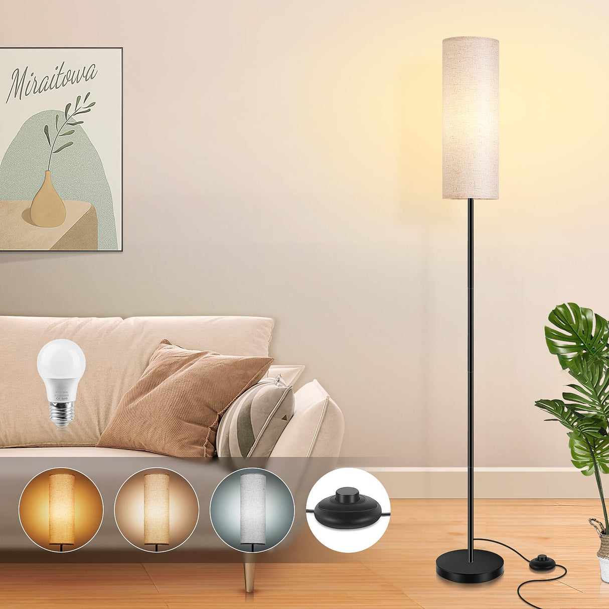 Floor Lamp for Living Room, 165CM 3 Color Temperature Standing Floor Lamps with Foot Switch, Tall Modern Stand Up Bright lamp Corner Light, Floor Column Room Lamp (9W Bulb Included)