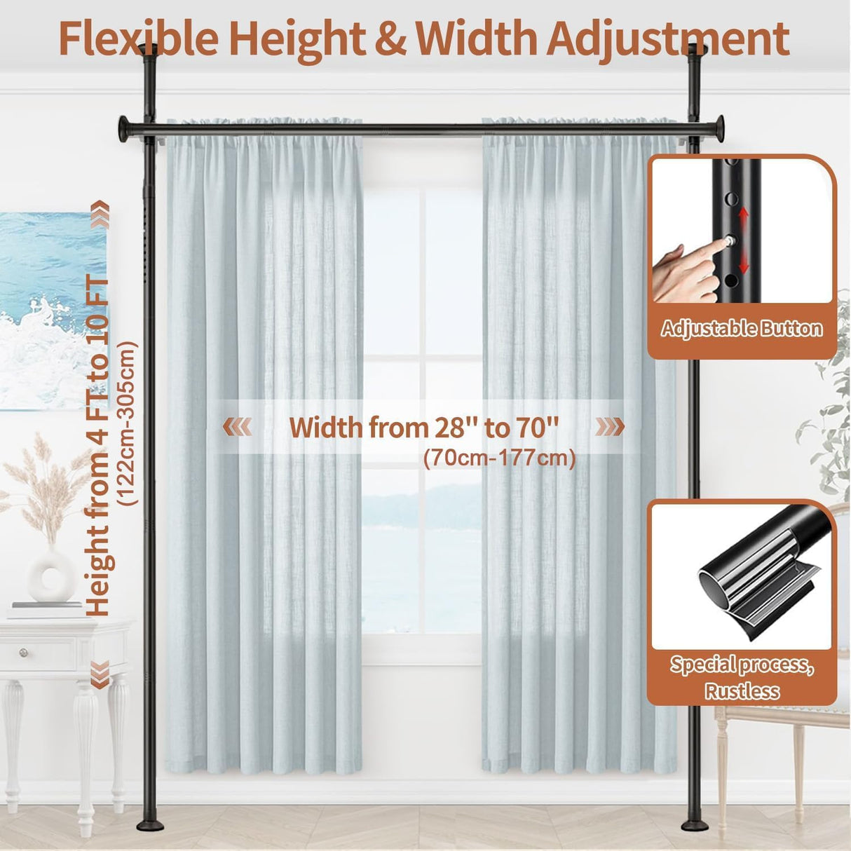 Dsocool Room Divider Curtain Rod, No Drilling Room Separator for Space Partition Adjustable 122-305cm(H) 70-177cm(W) Heavy Duty Temporary Wall Divider Floor to Ceiling Tension Rod, Black