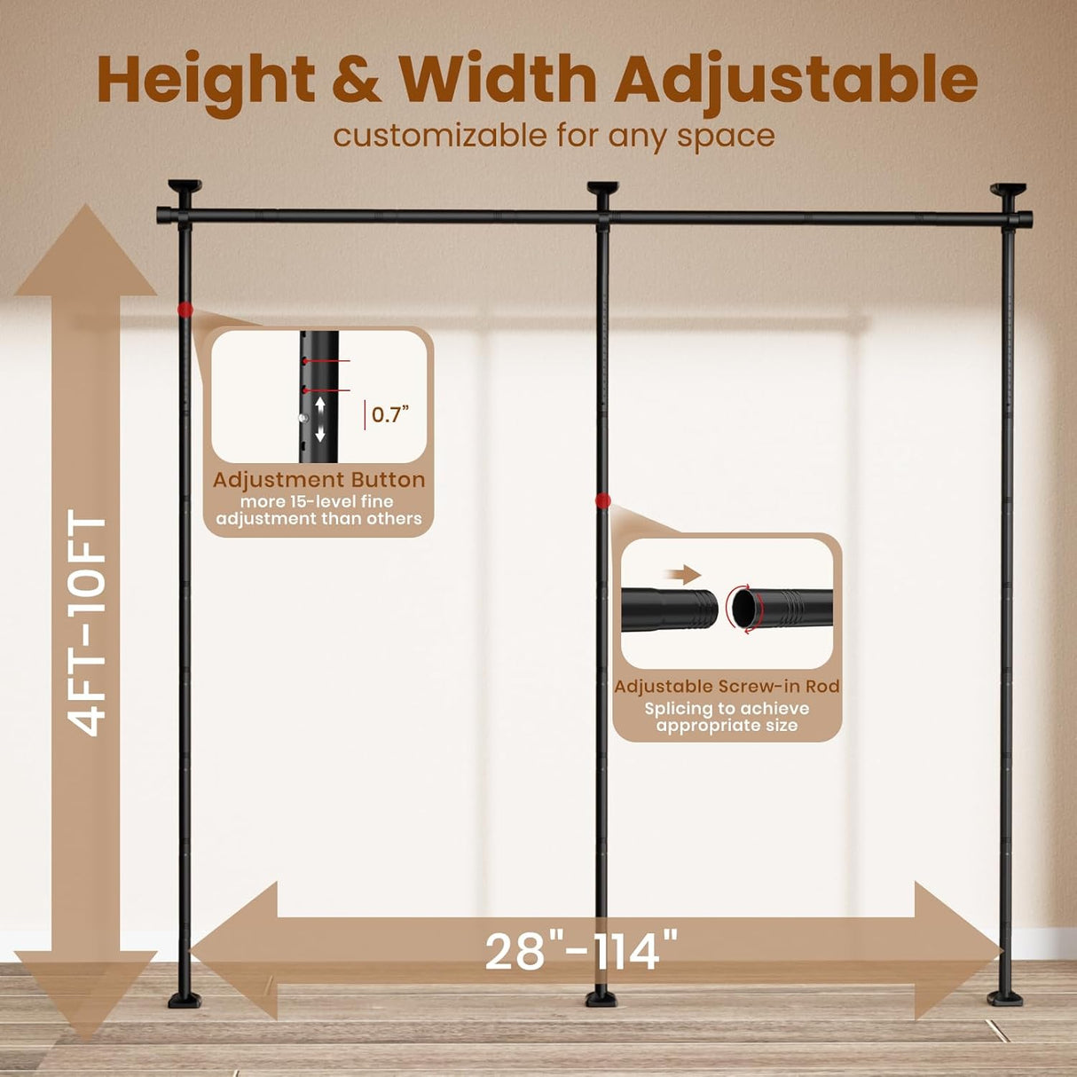 Bonpally Room Divider Curtain Rod, No Drilling Tension Rod for Room Separation, 4-10ft(H) 28-114inch(W) Adjustable Heavy Duty Floor to Ceiling Wall Divider Room Partition Privacy Separator, Black