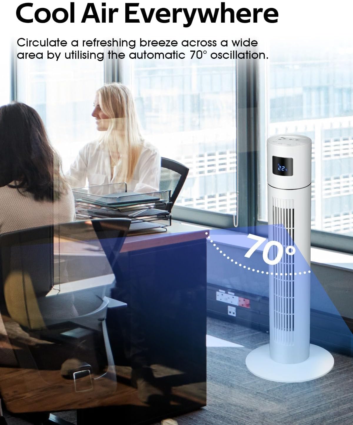 YOPOWER Tower Fan Portable Floor Fan Electric Cooling Fans with 3 Speed, 12H Timer, 70° Oscillating, LED Digital Display for Bedroom Home Office, White