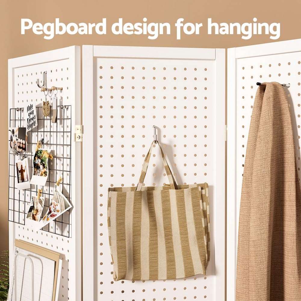 4 panel Room Divider, Folding Privacy Portable Screen Shelf Dividers Partition Wall Screens Home Pet Child Indoor Bedroom Furniture, Separator Water-Resistant Pegboard Stand Hollow White