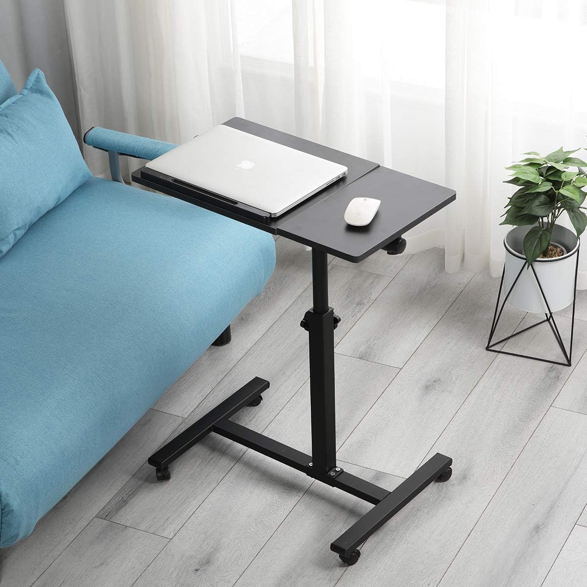 TigerDad Overbed Bedside Desk Mobile Rolling Laptop Stand Tilting Overbed Table with Wheels Height Adjustable Tray Table for Laptop Bed Sofa Side Table (Black)