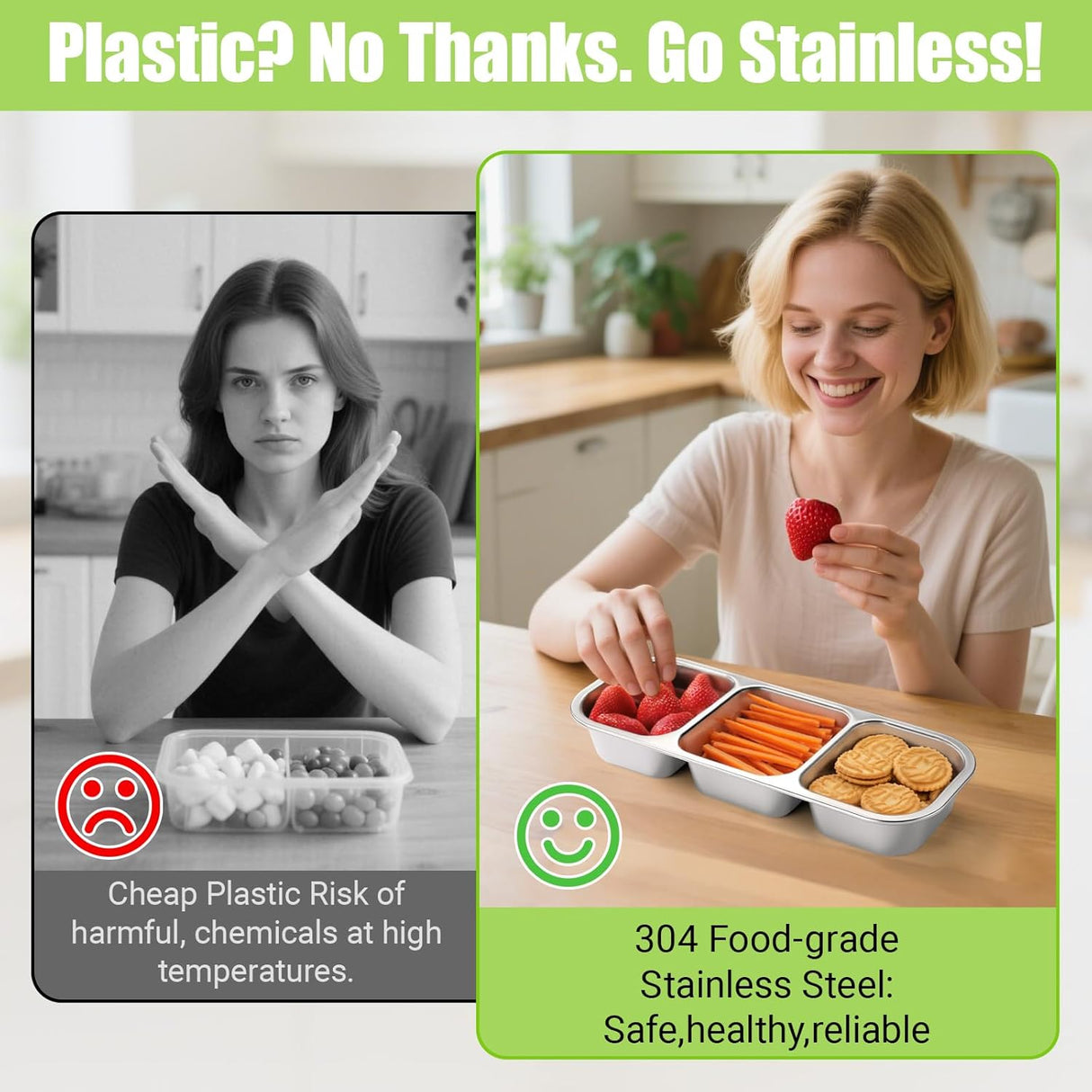 Abekuta Stainless Steel Snack Containers, Reusable Condiment Box with Lids, 3 Compartment Sauce Cups, Divided Food Storage Containers for School, Home, Travel