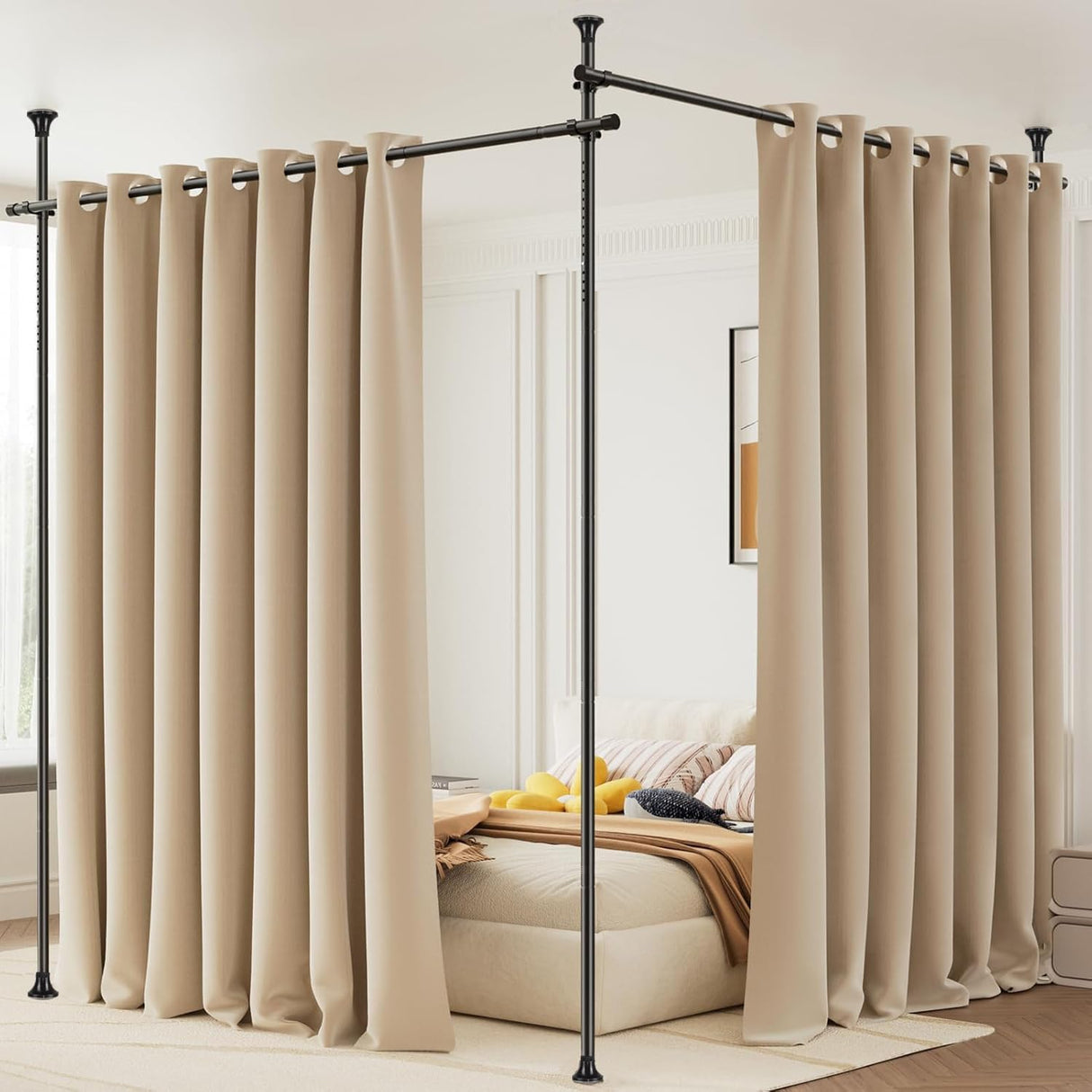 Room Divider No Drilling Curtain Rod Wall Divider for Room Separation, 122-305cm(H) 70-290cm(W) Adjustable, Heavy Duty Partition Space Separator Freestanding Tension Curtain Standr, Black