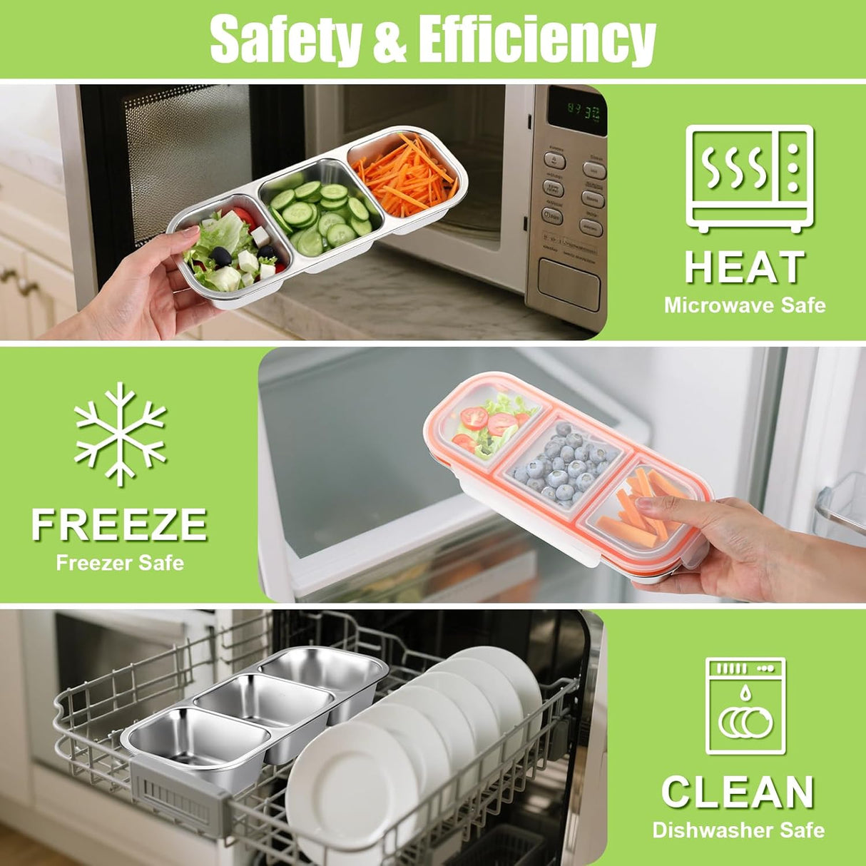 Abekuta Stainless Steel Snack Containers, Reusable Condiment Box with Lids, 3 Compartment Sauce Cups, Divided Food Storage Containers for School, Home, Travel