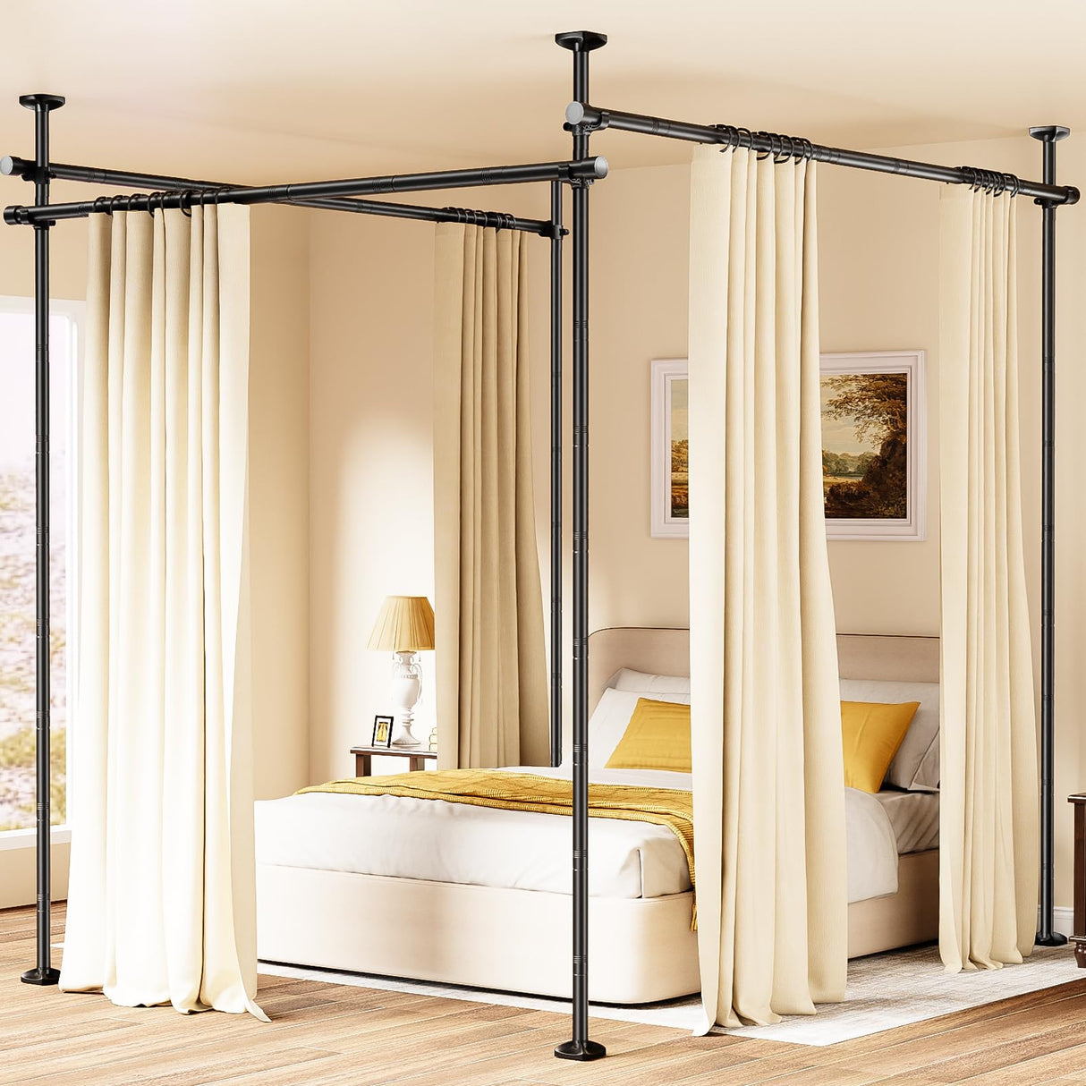 Bonpally Room Divider Curtain Rod, No Drilling Tension Rod for Room Separation, 4-10ft(H) 28-114inch(W) Adjustable Heavy Duty Floor to Ceiling Wall Divider Room Partition Privacy Separator, Black
