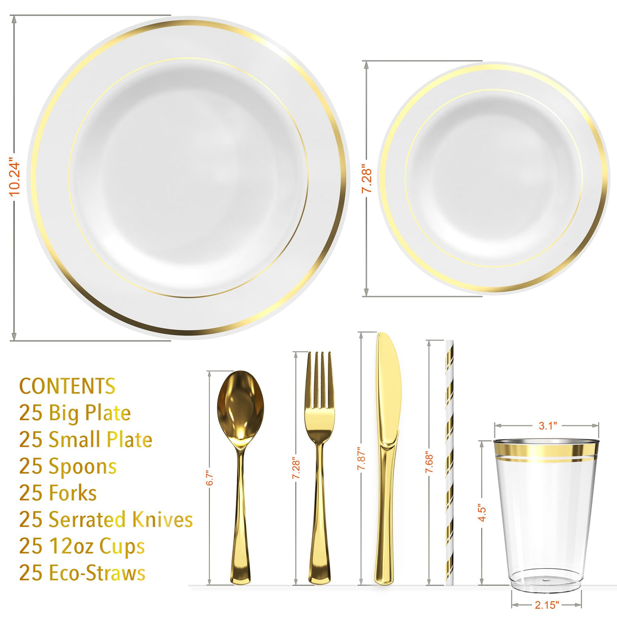 175 Pieces Gold Plastic Dinnerware Set for 25 Guests, (25 Forks, Knives, Spoons, Cups, Straws, Salad & Dinner Plates) for Wedding and Party, Reusable