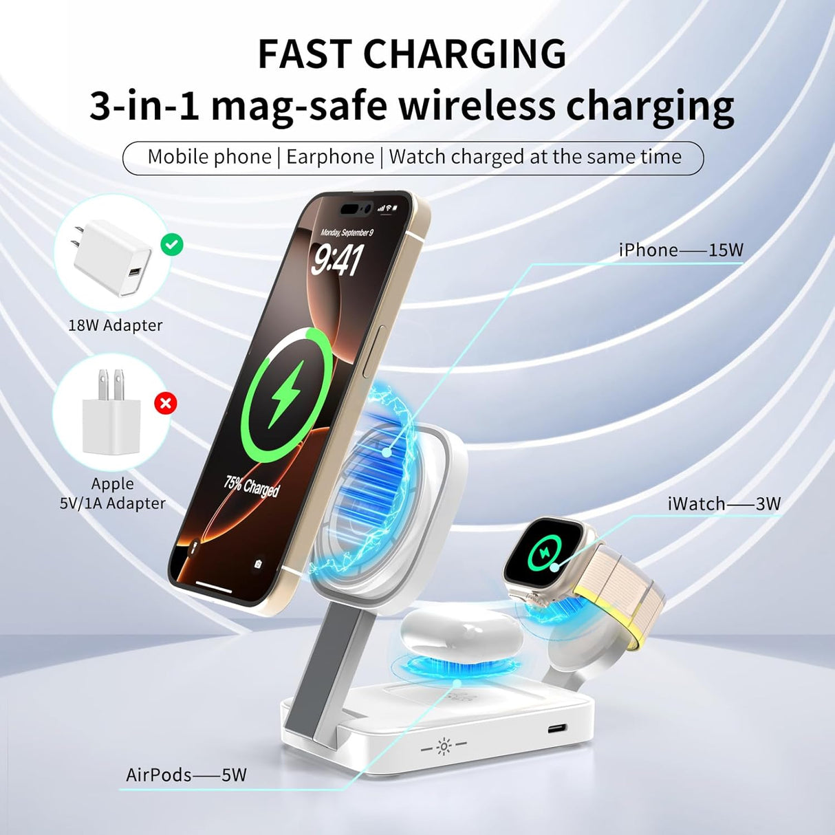 3 in 1 Foldable Wireless Charging Station for iPhone Magnetic Charger,Mag-Safe Travel Wireless Charger Stand Dock Compatible with iPhone 16/15/14/13&Air-Pods&Apple Watch with Night Light Stand(White)