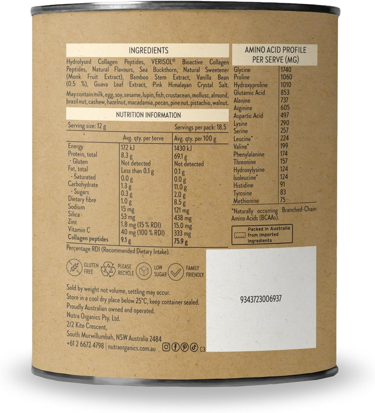 Nutra Organics Collagen Beauty Vanilla 225g | Low Sugar, Non-Dairy, Drink Mix w/Vitamin C | Collagen Powder that Supports Skin Elasticity & Hydration, Healthy Hair, Nails, & Gut Wellbeing (18 Serves)