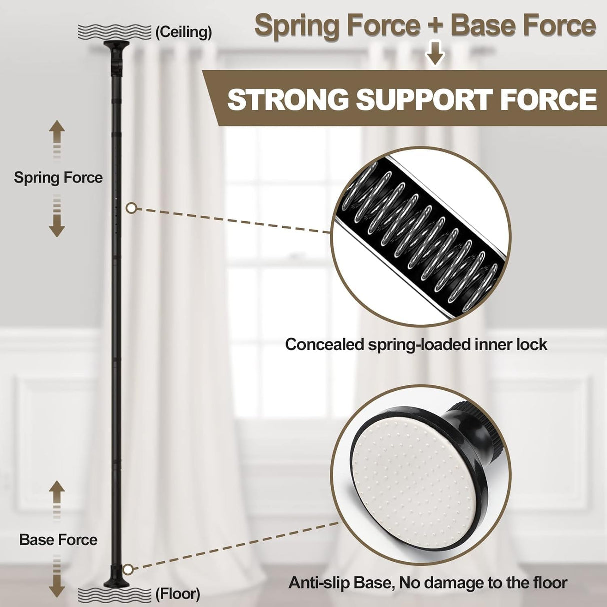 Dsocool Room Divider Curtain Rod, No Drilling Room Separator for Space Partition Adjustable 122-305cm(H) 70-177cm(W) Heavy Duty Temporary Wall Divider Floor to Ceiling Tension Rod, Black