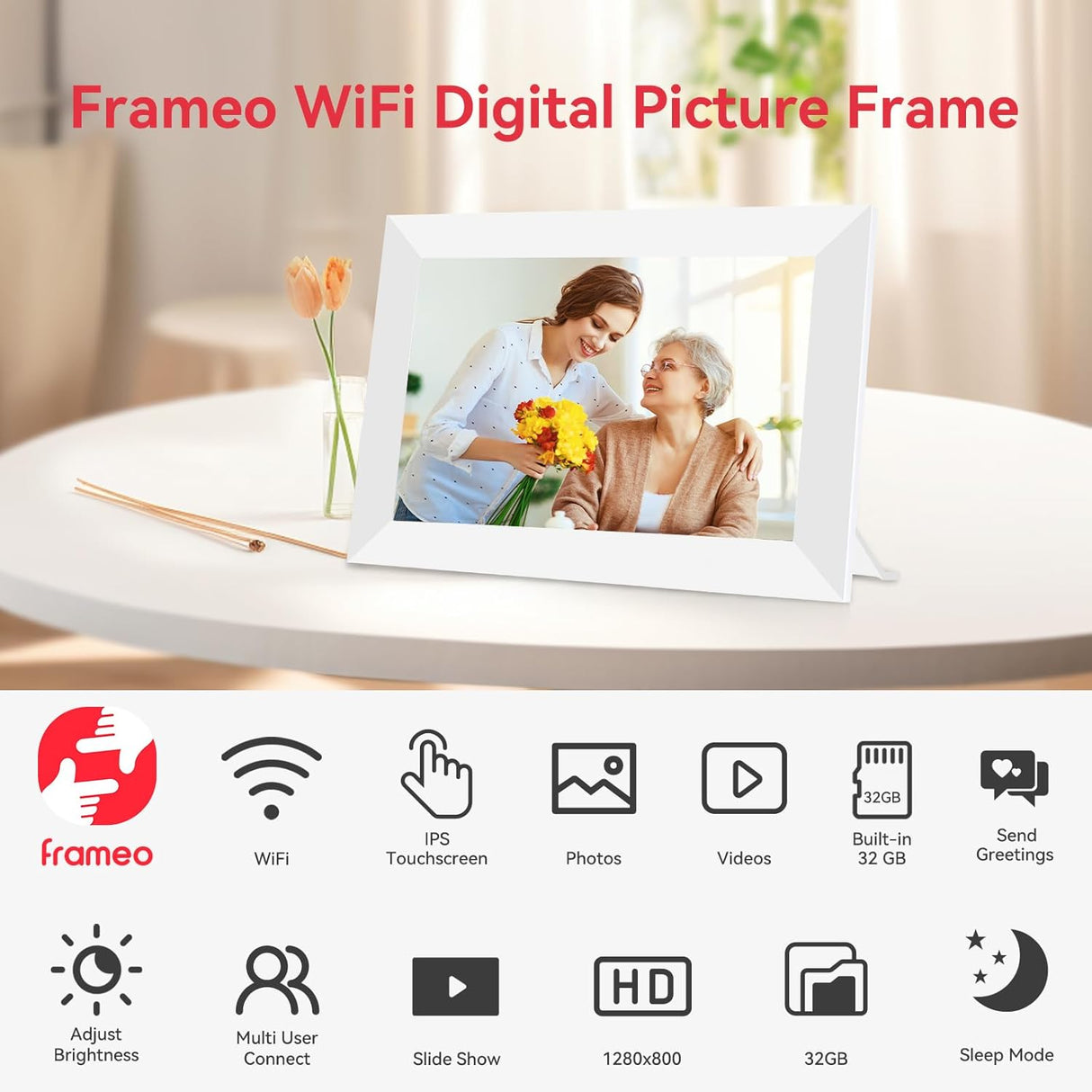 Frameo WiFi Digital Picture Frame 32GB Memory 10.1 Inch, 1280x800 HD IPS Touch Screen Photo Frame Electronic, Easy Setup, Share Photos or Videos Anywhere via Free Frameo APP