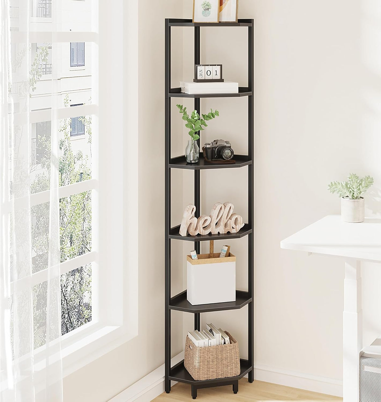 Hzuaneri Corner Shelf Stand, Corner Bookshelf, Storage Standing Shelf Unit with Metal Frame, Plant Stand, Corner Bookcase for Living Room, Home Office, Bedroom, Black CS06006B