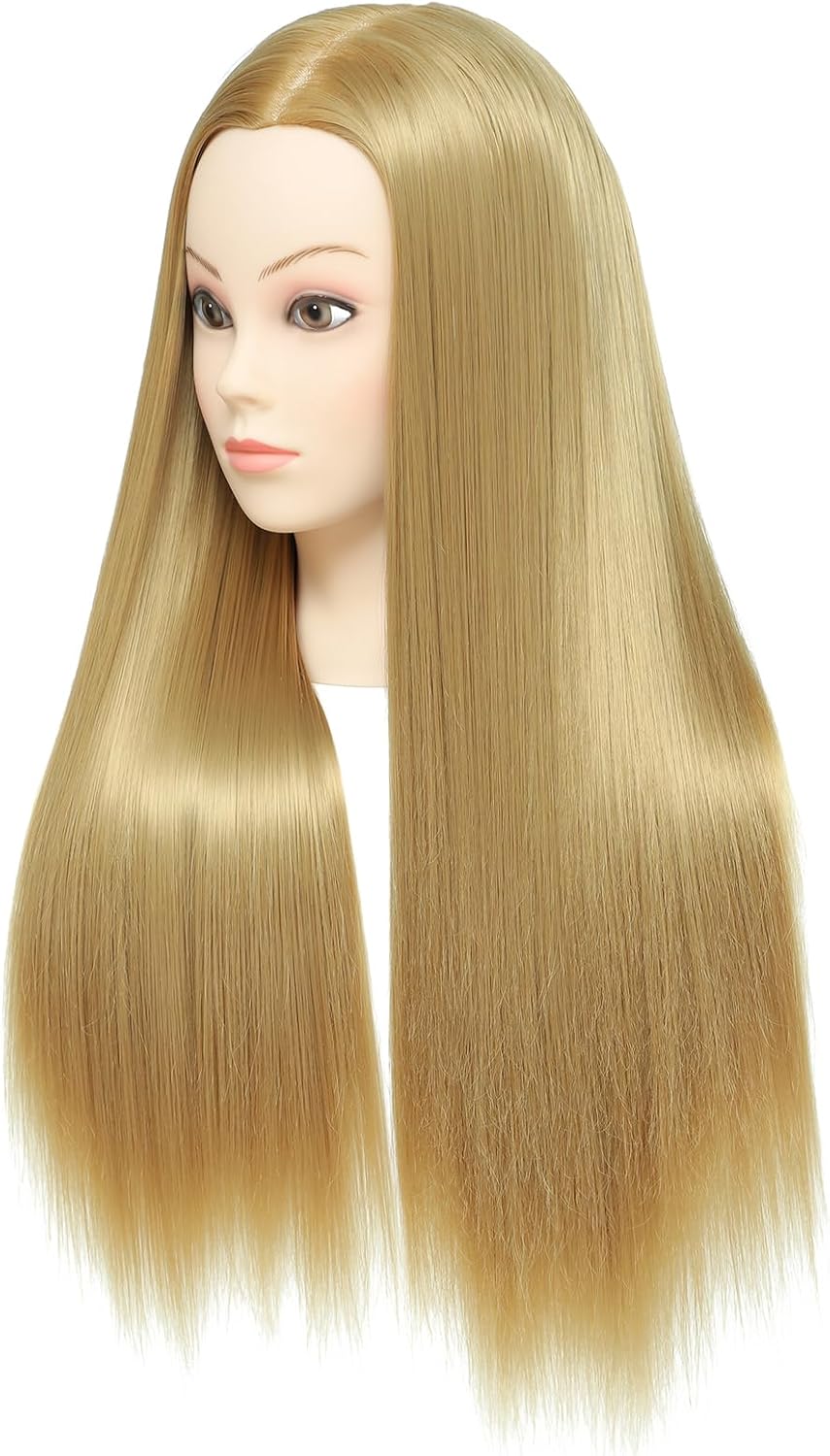 26-28'' Mannequin Head Synthetic Fiber Hair Styling Training Head Dolls for Cosmetology Manikin Maniquins Practice Head with Table Clamp Holder (27#)