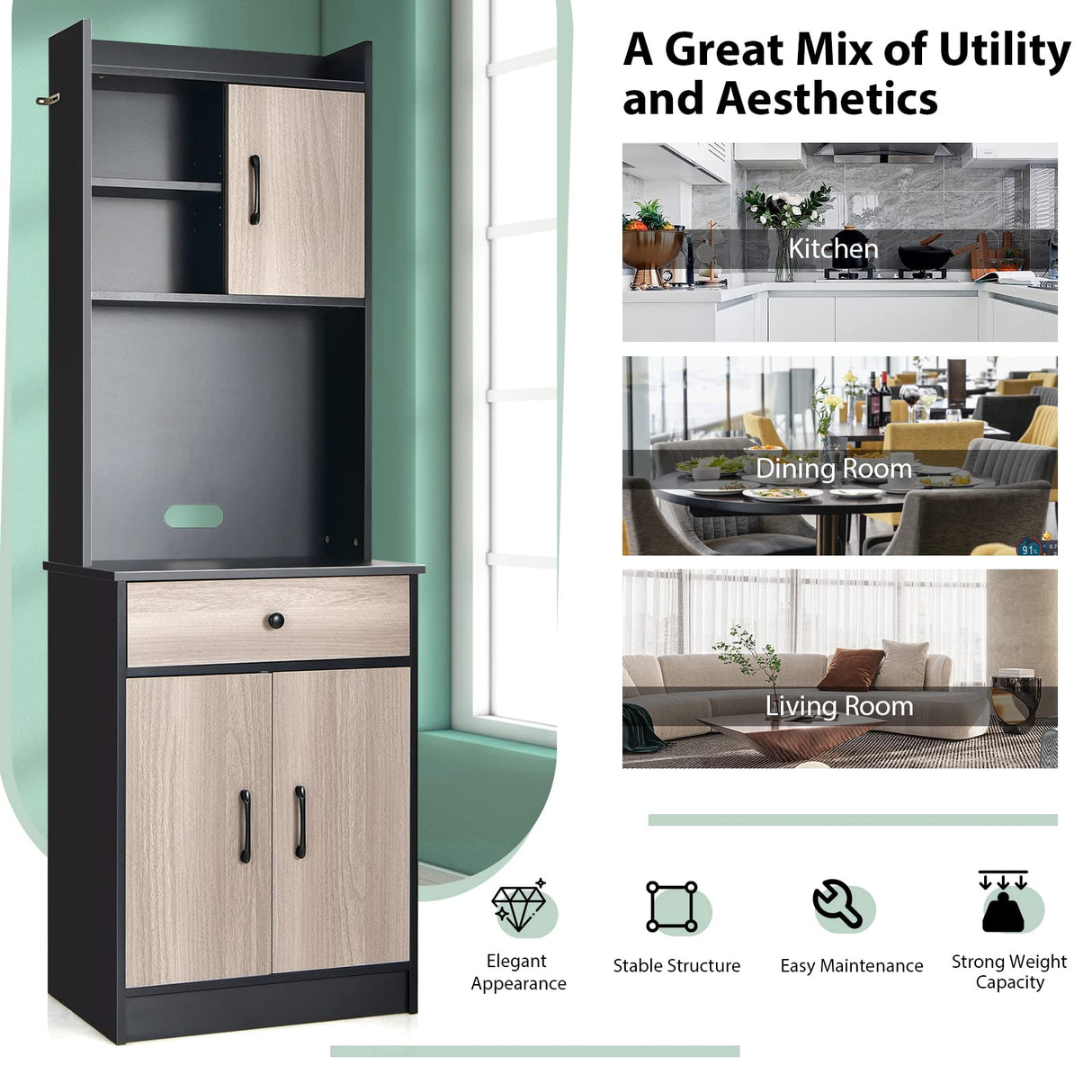 Kitchen Buffet Storage Cabinet, 3-Door Wood Tallboy with Drawer Spacious Countertop & Cable Hole, Freestanding Cabinet w/ 4 Adjustable Shelves for Kitchen Bathroom Living Room (Black)