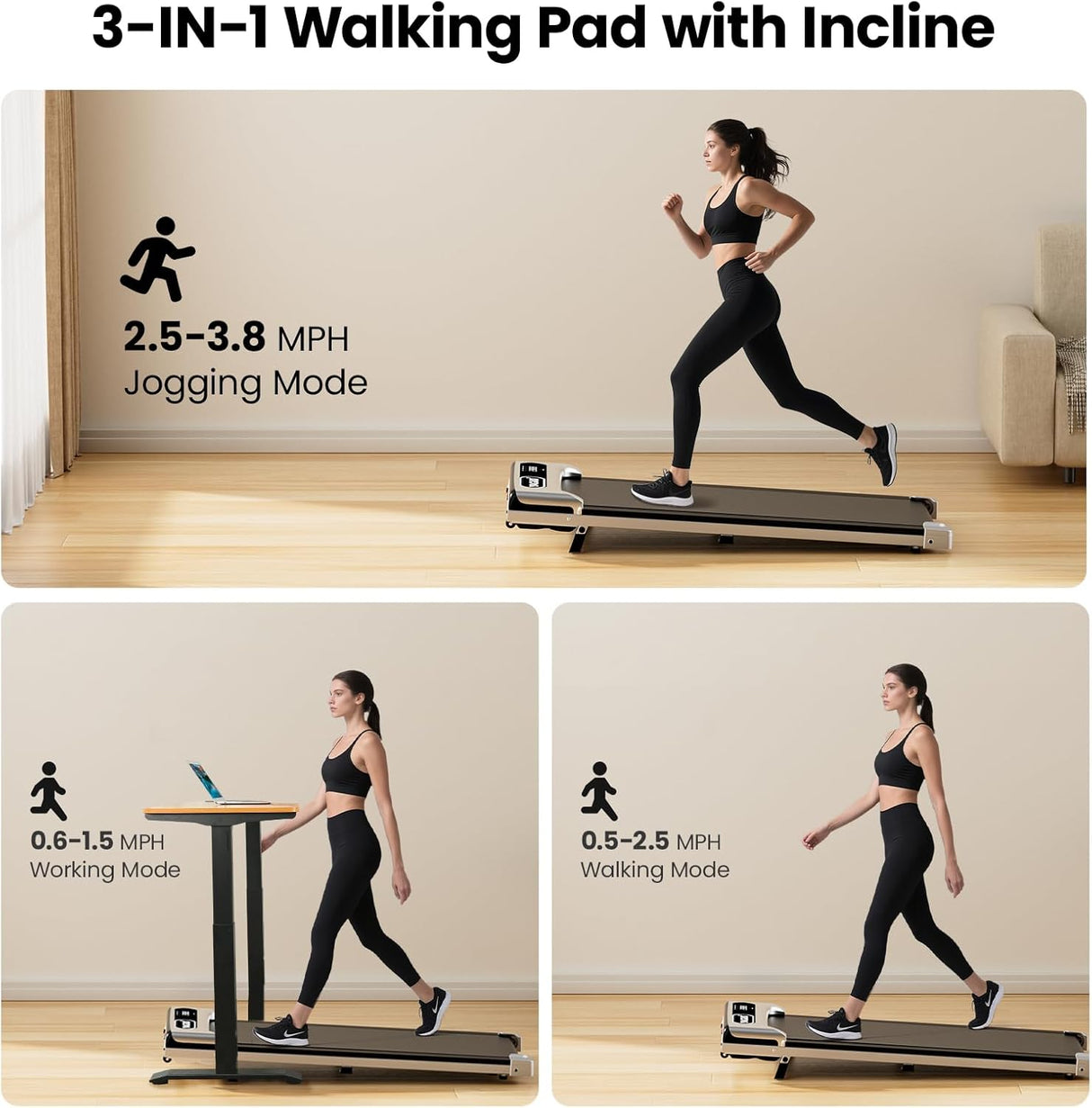 Yagud Walking Pad with Incline, Under Desk Treadmill, 2.5HP Treadmills for Home with Remote Control & Led Display, Non-Slip, Compact Portable, Low Noise for Workout Exercise