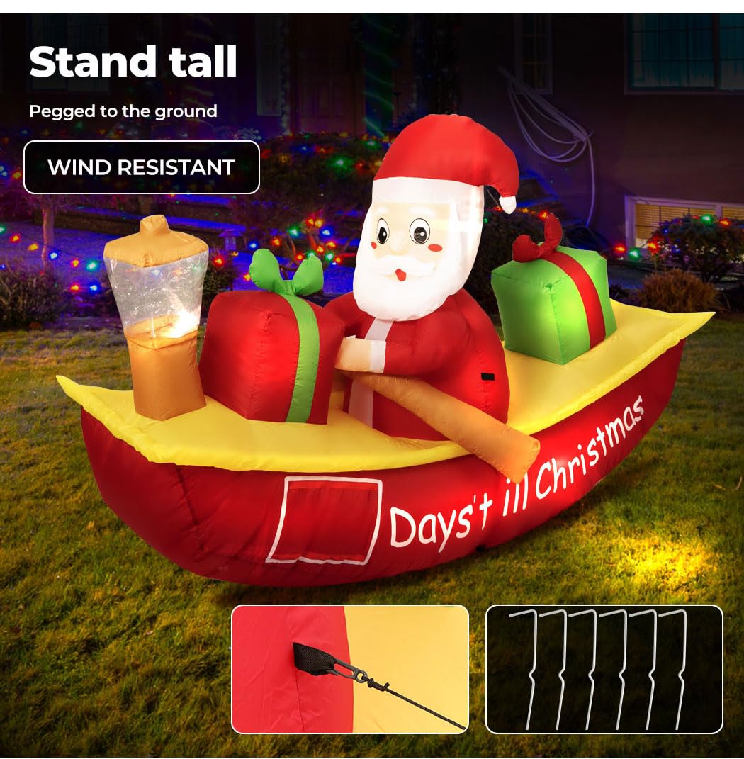 Christmas Inflatable Santa Clau Boat Xmas Indoor Decorations with LED Lights,Fast Self-Inflatable and deflatable,Waterproof Home Garden Holiday Party Outdoor Decor Red Colour 135cm x 210cm