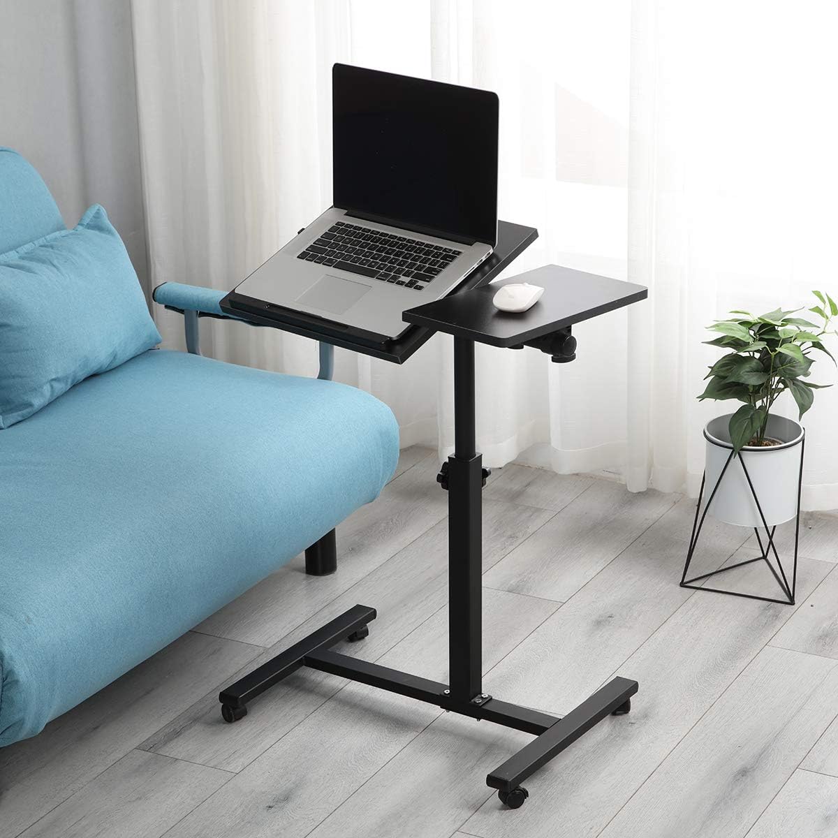TigerDad Overbed Bedside Desk Mobile Rolling Laptop Stand Tilting Overbed Table with Wheels Height Adjustable Tray Table for Laptop Bed Sofa Side Table (Black)