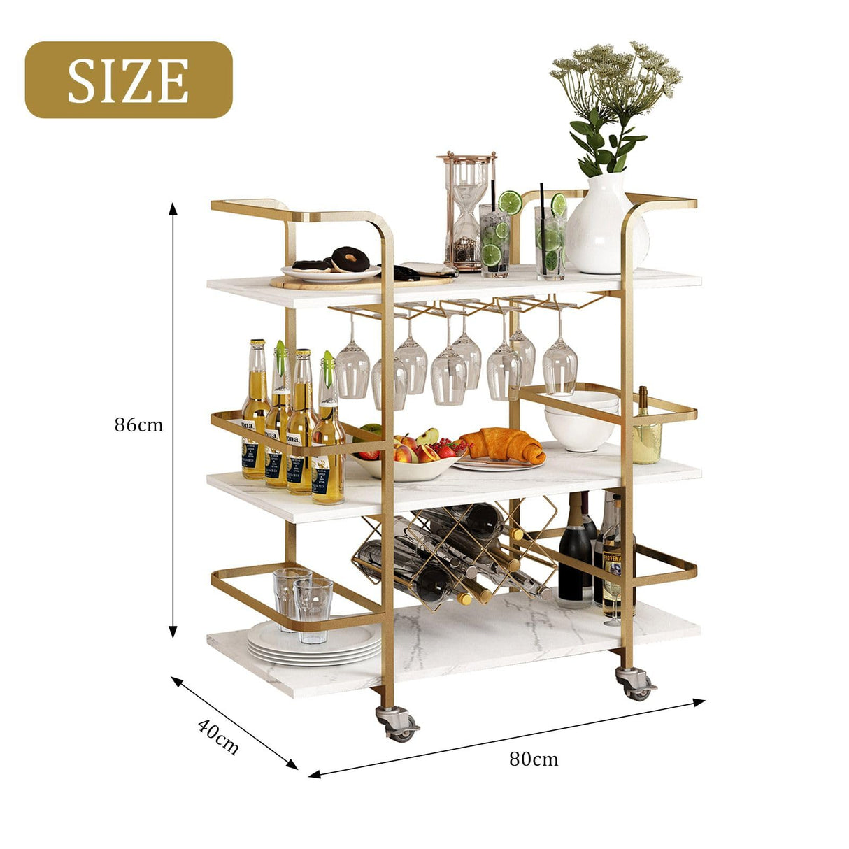 Bar Cart Home Bar Serving Cart 3 Tier Mobile Bar Cart with Wine Bottle Racks & Glass Holder Coffee Cart Mini Bar Cart Gold & White