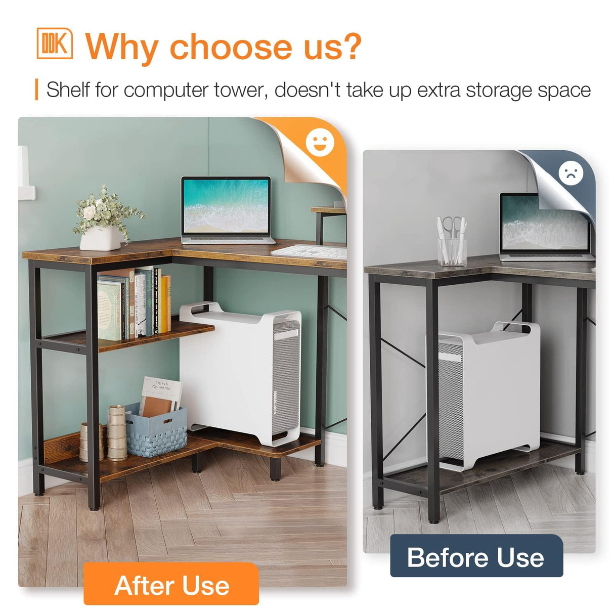 L Shaped Computer Desk with Reversible Storage Shelves, L-Shaped Desk 118 * 80 * 86.4cm Corner Desk with Monitor Stand for Small Space, Modern Writing Table for Home Office Desk, Rustic Brown