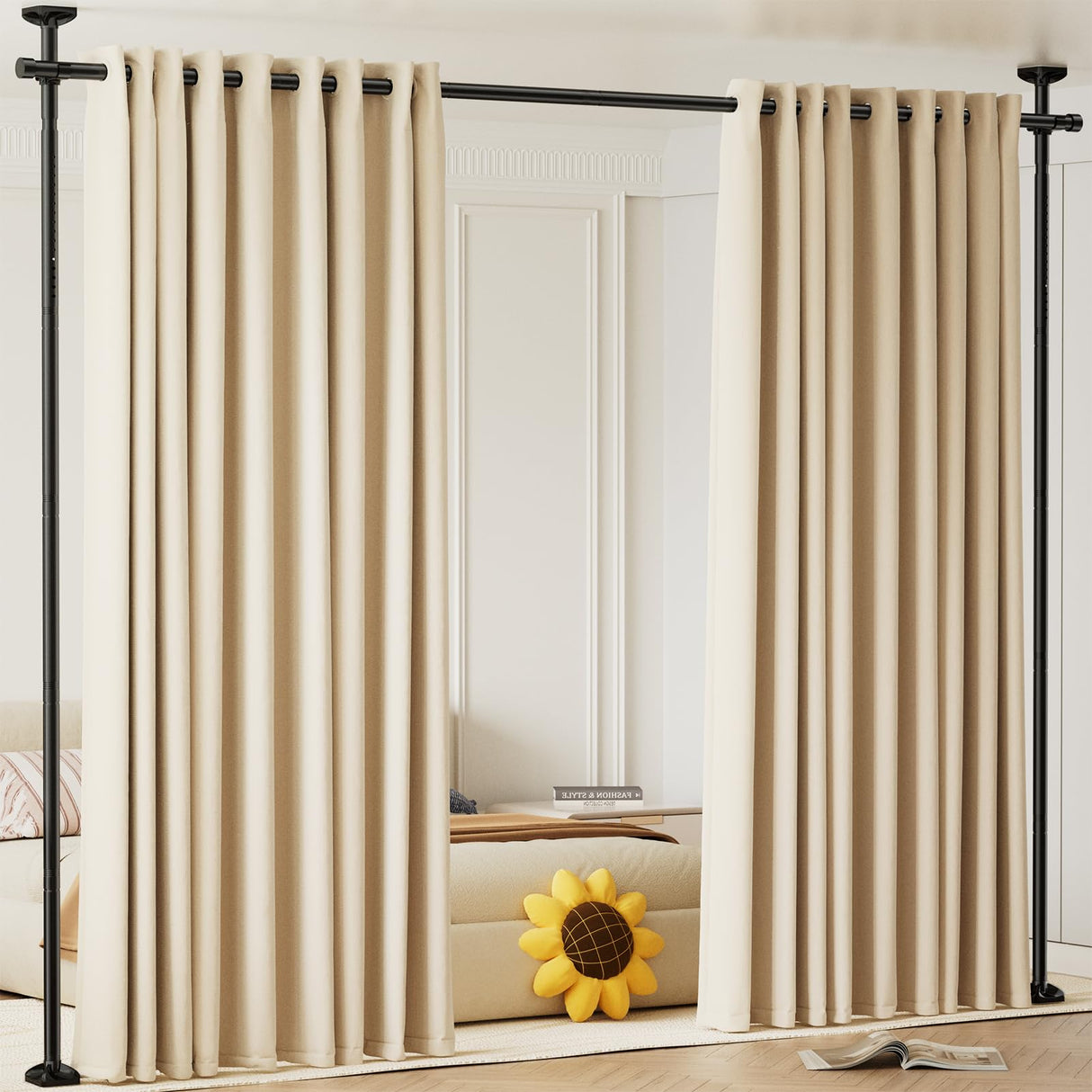 Bonpally Room Divider Curtain Rod, No Drilling Tension Rod for Room Separation, 4-10ft(H) 28-114inch(W) Adjustable Heavy Duty Floor to Ceiling Wall Divider Room Partition Privacy Separator, Black