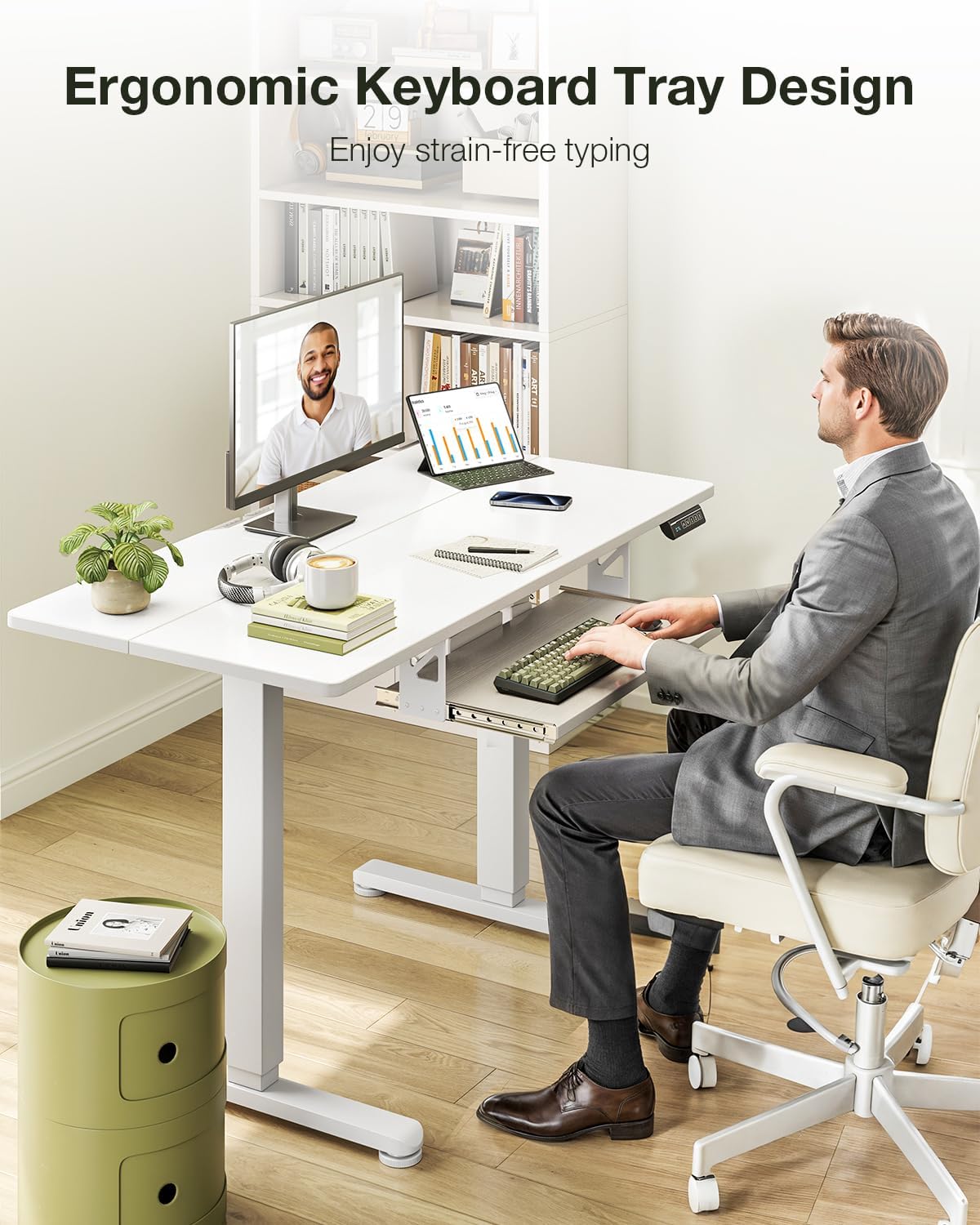 ODK Electric Standing Desk with Keyboard Tray & Memory Control,72-118cm Height Adjustable Sit Stand Desk,Ergonomic Computer Desk for Home Office,100 * 50cm,White