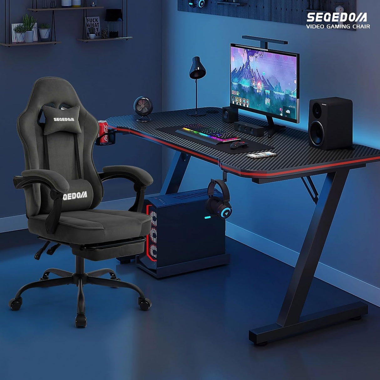 segedom Gaming Chair Technology Fabric Computer Chair with Pocket Spring Cushion, Comfortable Ergonomic Gamer Chair for Adults, Massage Game Chair with Footrest,Reclining Chair, Home,Office,Teens,Grey
