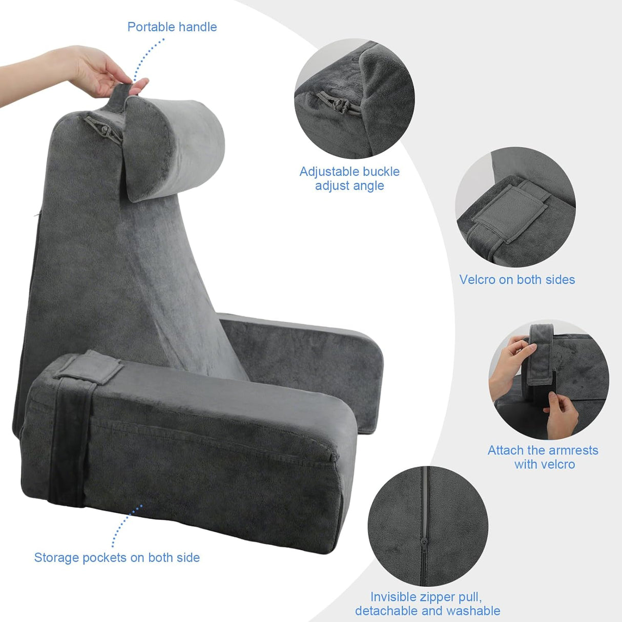 Reading Pillow,Back Pillow for Bed Sitting Up,Backrest Support Pillow with Arm and Large Pockets,Bed Chair for Reading,Gaming,Relaxing,Working or Watching TV in Bed&Floor