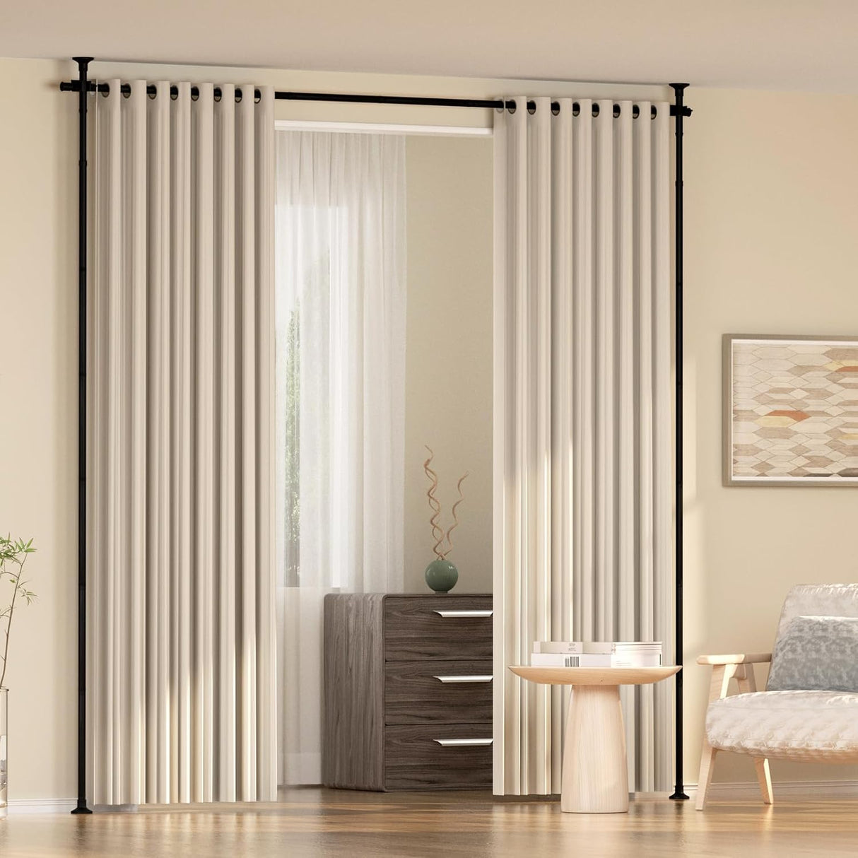 Kokorona Room Divider Curtain Rod, Vertical Tension Rod, No Drilling Floor to Ceiling Freestanding Curtain Rod Damage Free, 71-188 cm(W) 1.2-3 m(H) Expandable Curtain Divider Stand for Room Separation