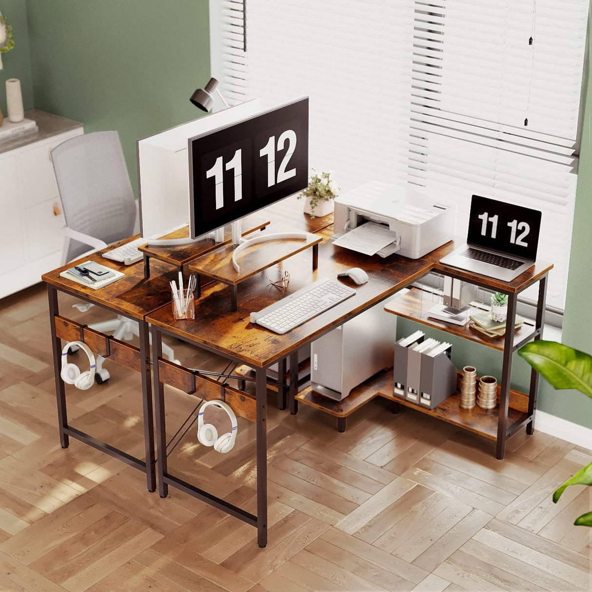 L Shaped Computer Desk with Reversible Storage Shelves, L-Shaped Desk 118 * 80 * 86.4cm Corner Desk with Monitor Stand for Small Space, Modern Writing Table for Home Office Desk, Rustic Brown