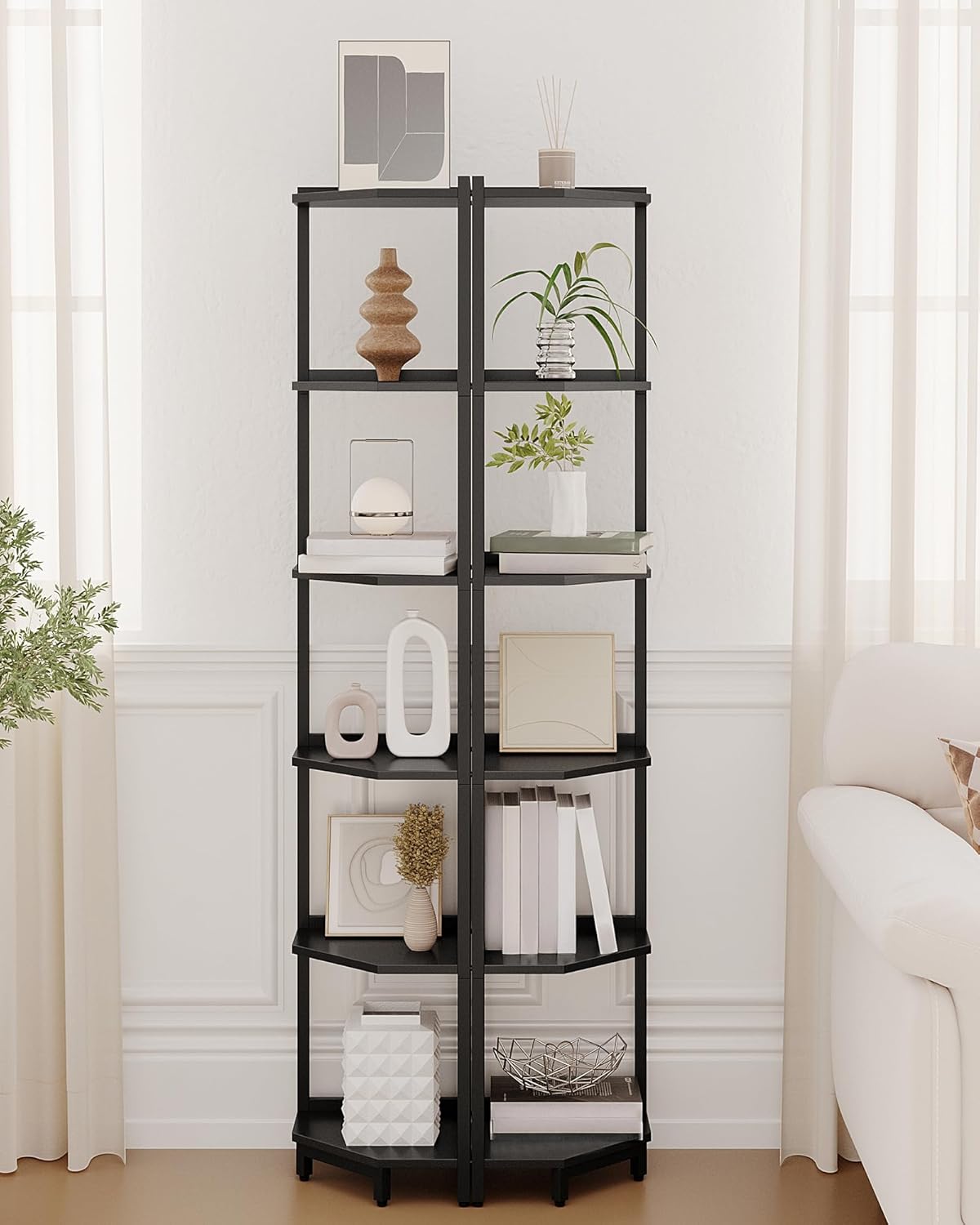 Hzuaneri Corner Shelf Stand, Corner Bookshelf, Storage Standing Shelf Unit with Metal Frame, Plant Stand, Corner Bookcase for Living Room, Home Office, Bedroom, Black CS06006B