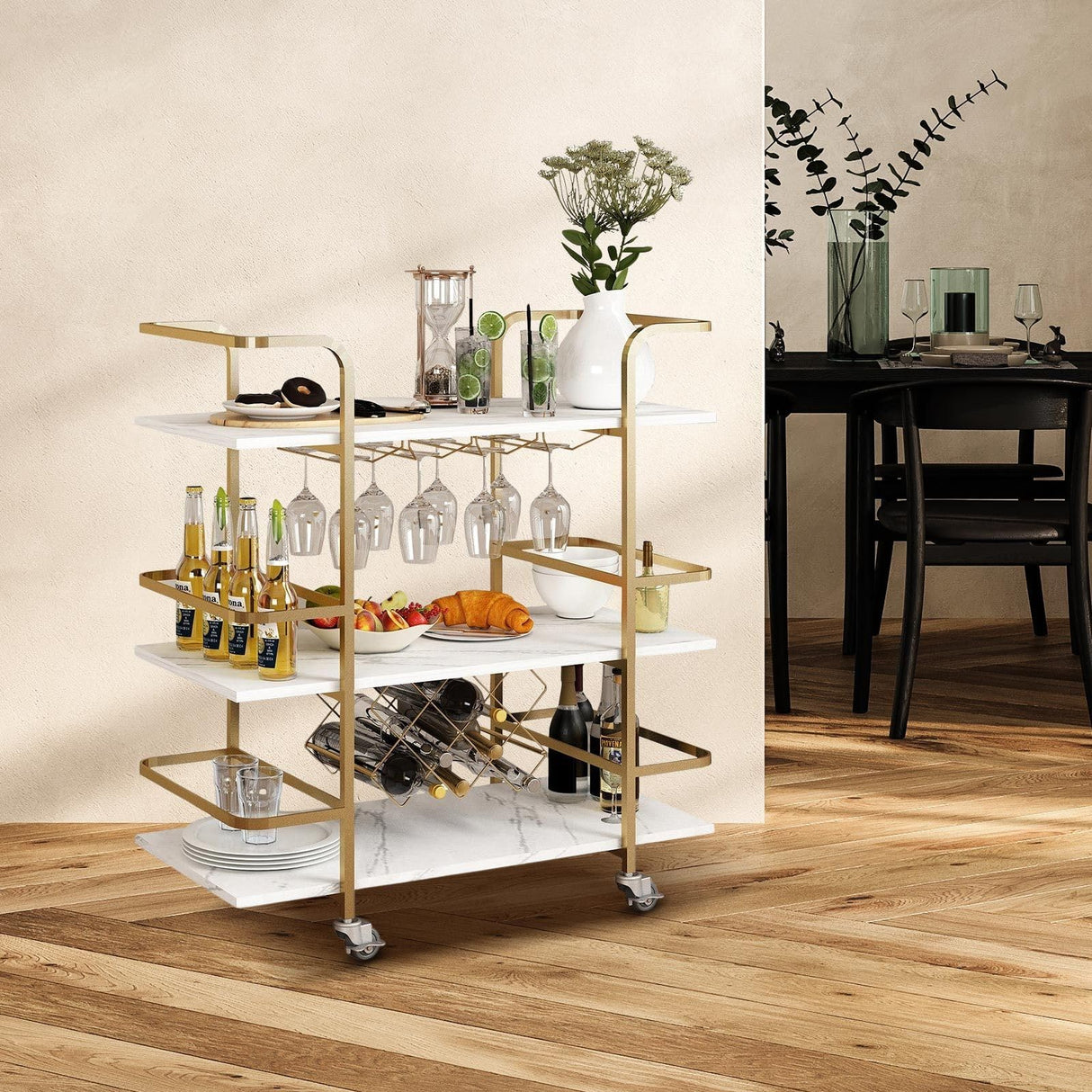 Bar Cart Home Bar Serving Cart 3 Tier Mobile Bar Cart with Wine Bottle Racks & Glass Holder Coffee Cart Mini Bar Cart Gold & White
