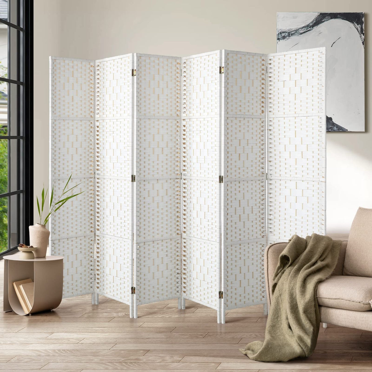 6 Panels Room Divider, Foldable Wooden Privacy Screen Dividers Partition Wall Screens for Home Pet Child Balcony Bedroom Bathroom, Portable Rattan Partition Separator Water-Resistant,White
