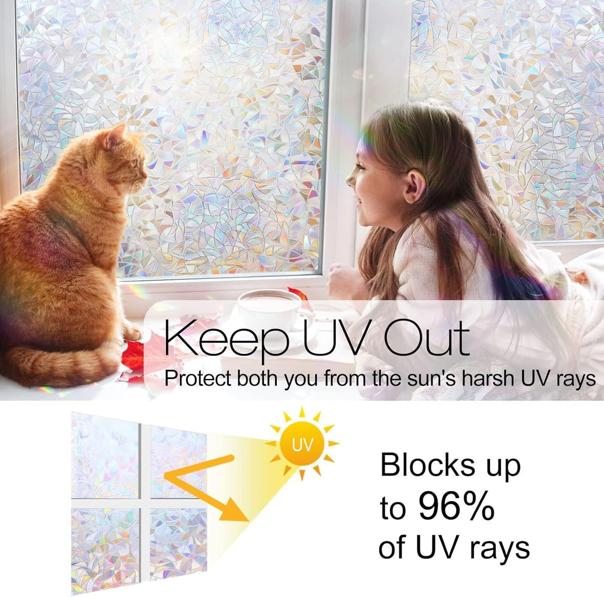 rabbitgoo Window Privacy Film, Rainbow Window Clings, 3D Decorative Window Vinyl, Stained Glass Window Decals, Static Cling Window Sticker Non-Adhesive, 44.5 x 200 cm