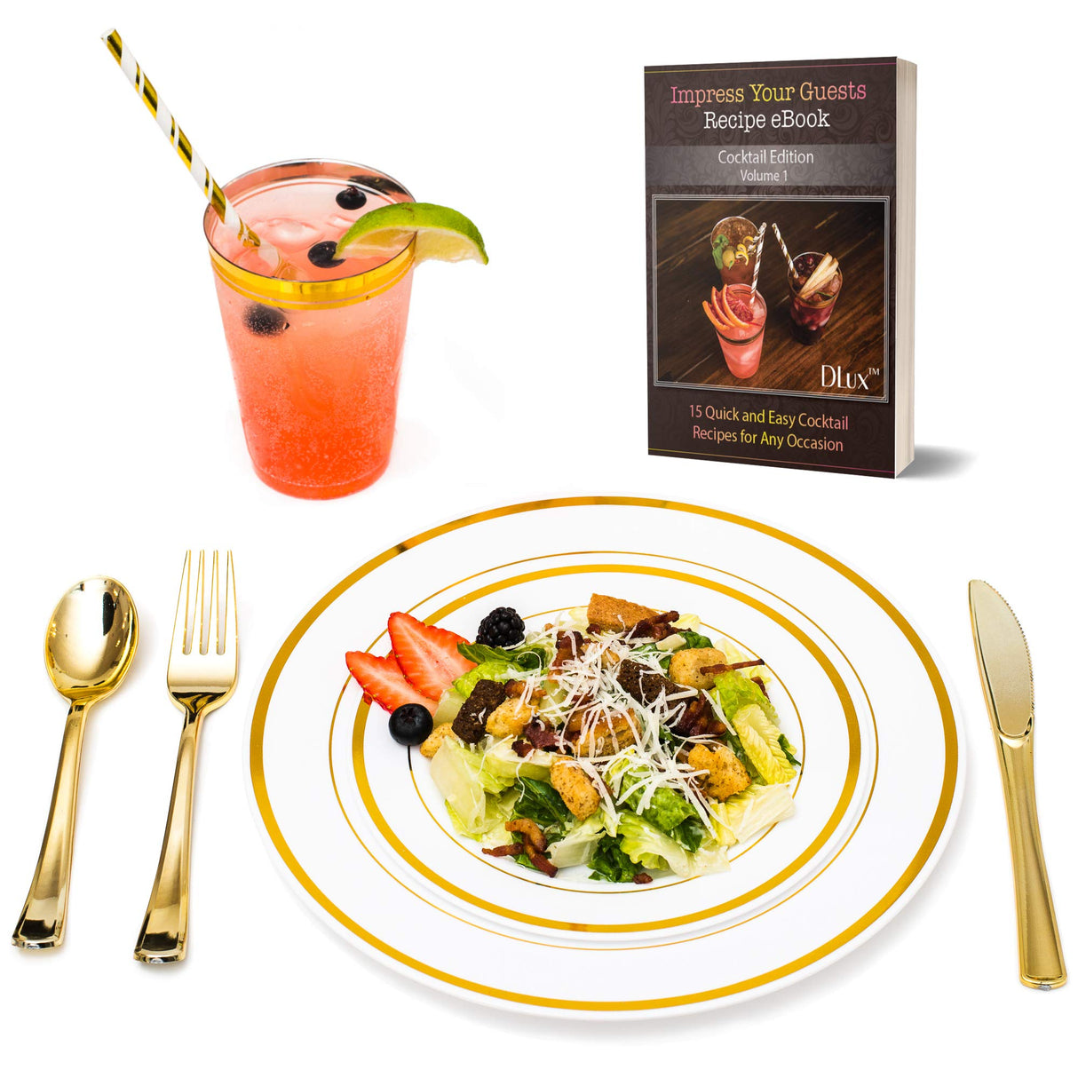 175 Pieces Gold Plastic Dinnerware Set for 25 Guests, (25 Forks, Knives, Spoons, Cups, Straws, Salad & Dinner Plates) for Wedding and Party, Reusable