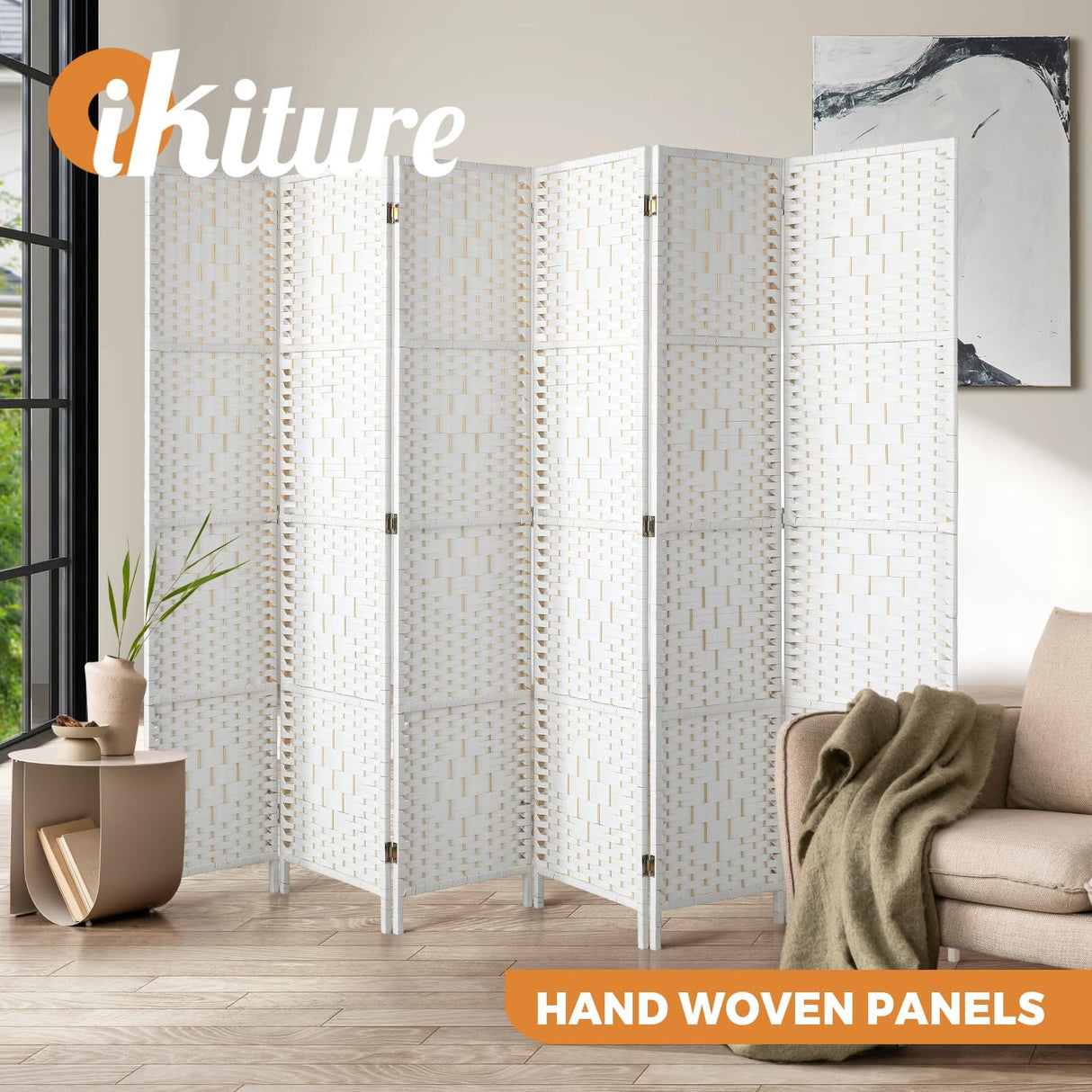 6 Panels Room Divider, Foldable Wooden Privacy Screen Dividers Partition Wall Screens for Home Pet Child Balcony Bedroom Bathroom, Portable Rattan Partition Separator Water-Resistant,White