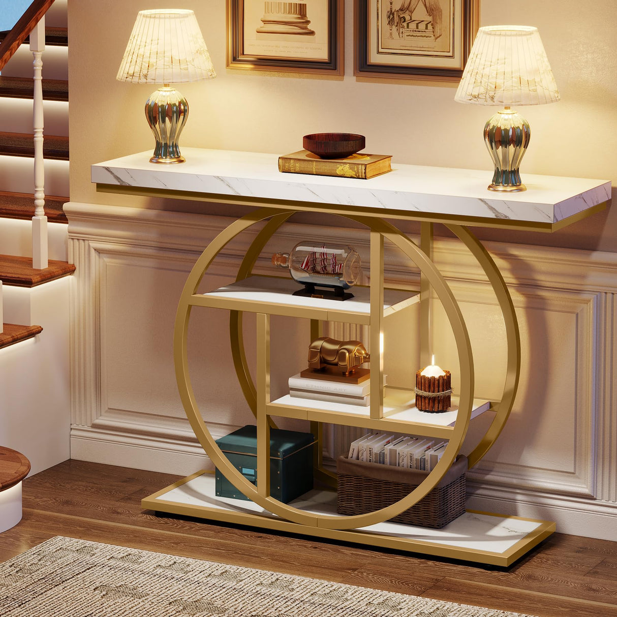 Console Table, 105 cm Industrial 4-Tier Sofa Table Entryway Table with Circle Base, Narrow Wood Accent Tables with Storage Shelves for Living Room, Hallway, Foyer (White Gold)