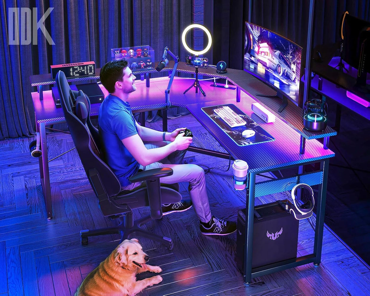 ODK L Shaped Computer Desk, Gaming Desk LED Light Strip and 2 USB 3 Charging Port, Gaming Table with Monitor Surface, Gaming Desks Workstations, Texture Black