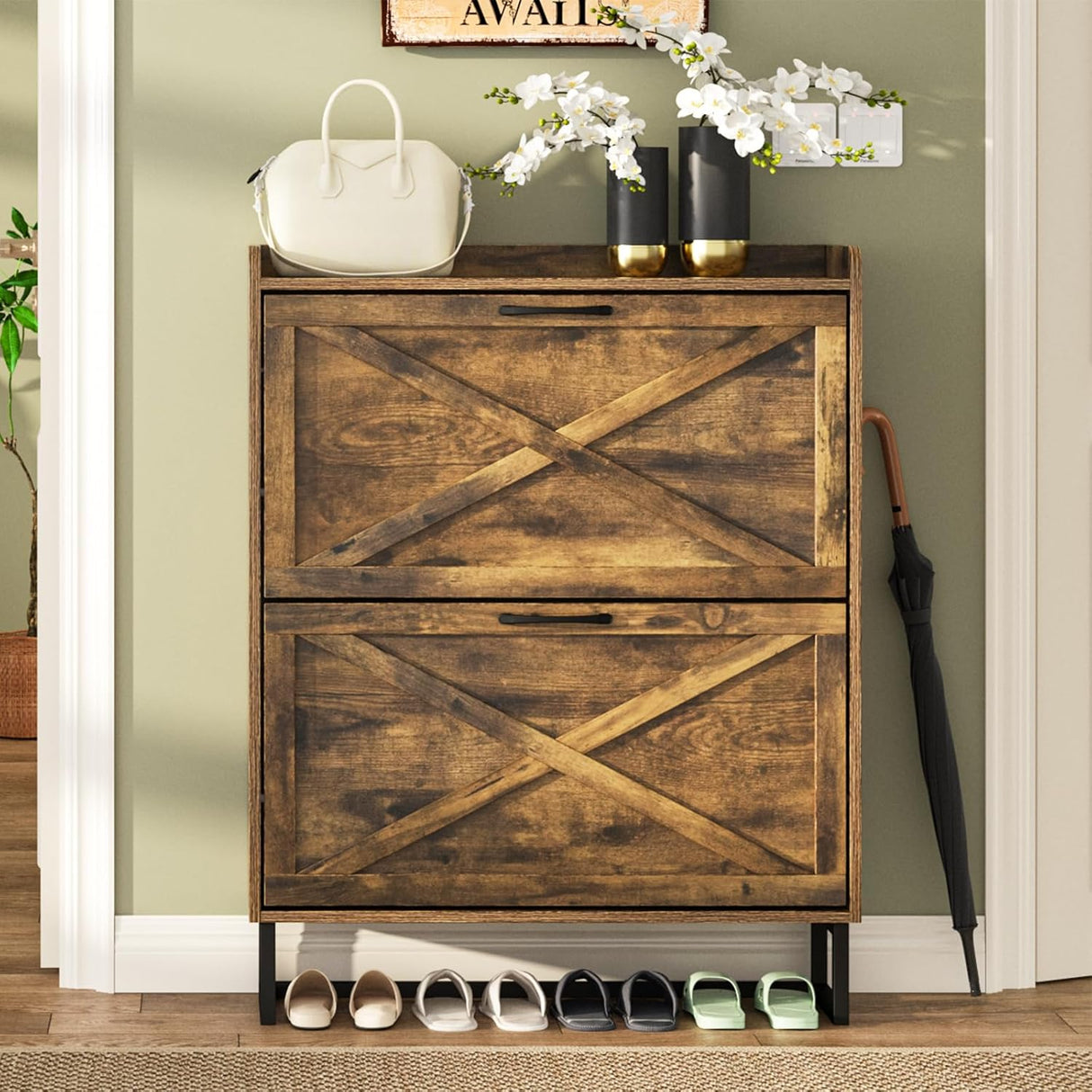 Lumoti Shoe Storage Cabinet with 2 Flip Drawers, Freestanding Shoe Organizer with Metal Legs for Entryway, Narrow Shoe Rack Cabinet, Rustic Brown (Rustic Brown)