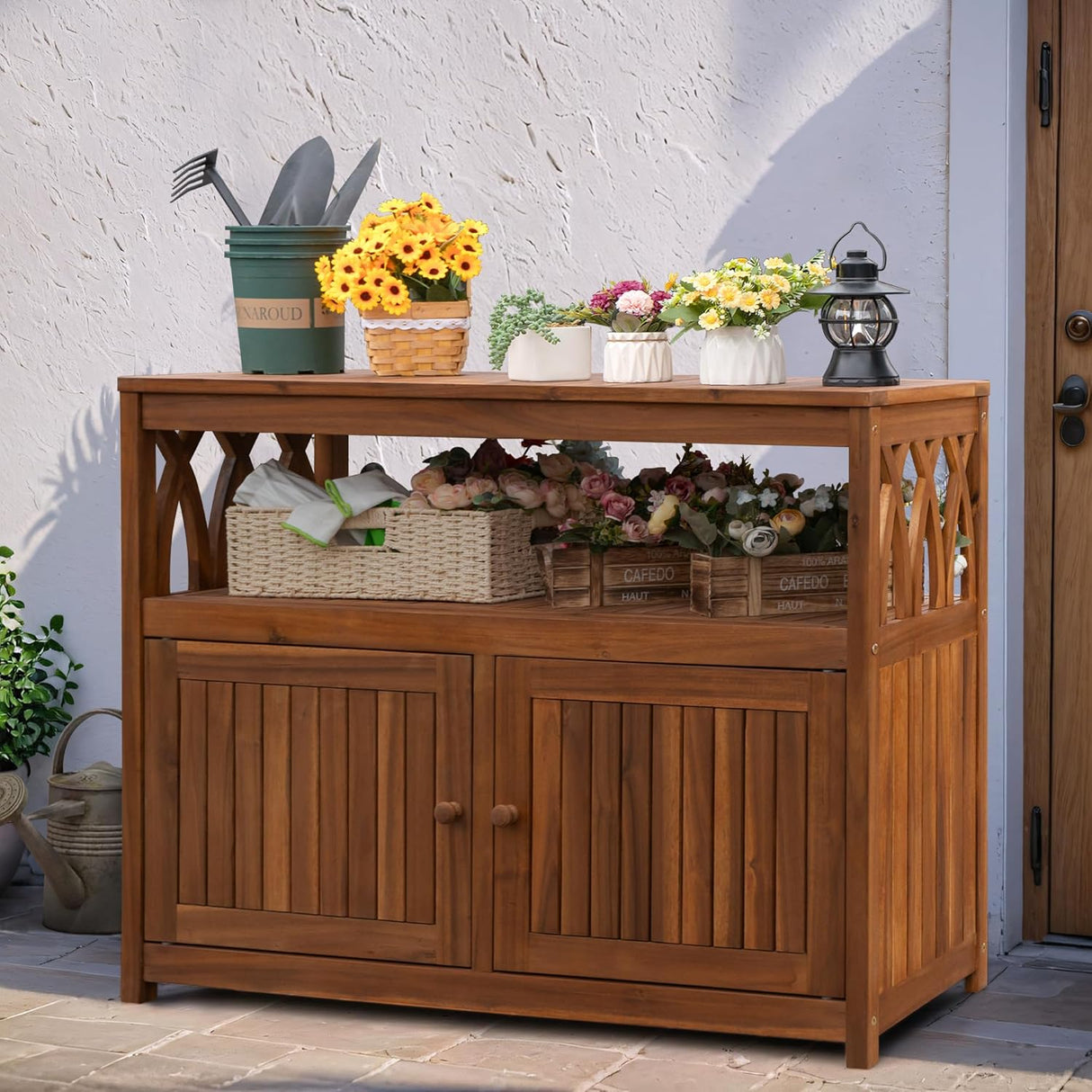 Greesum 2-Tier Outdoor Storage Cabinet in Acacia Wood, with 2 Magnetic Doors, for Garden, Picnic, Buffet, TV Stand, or Bar Table, Brown