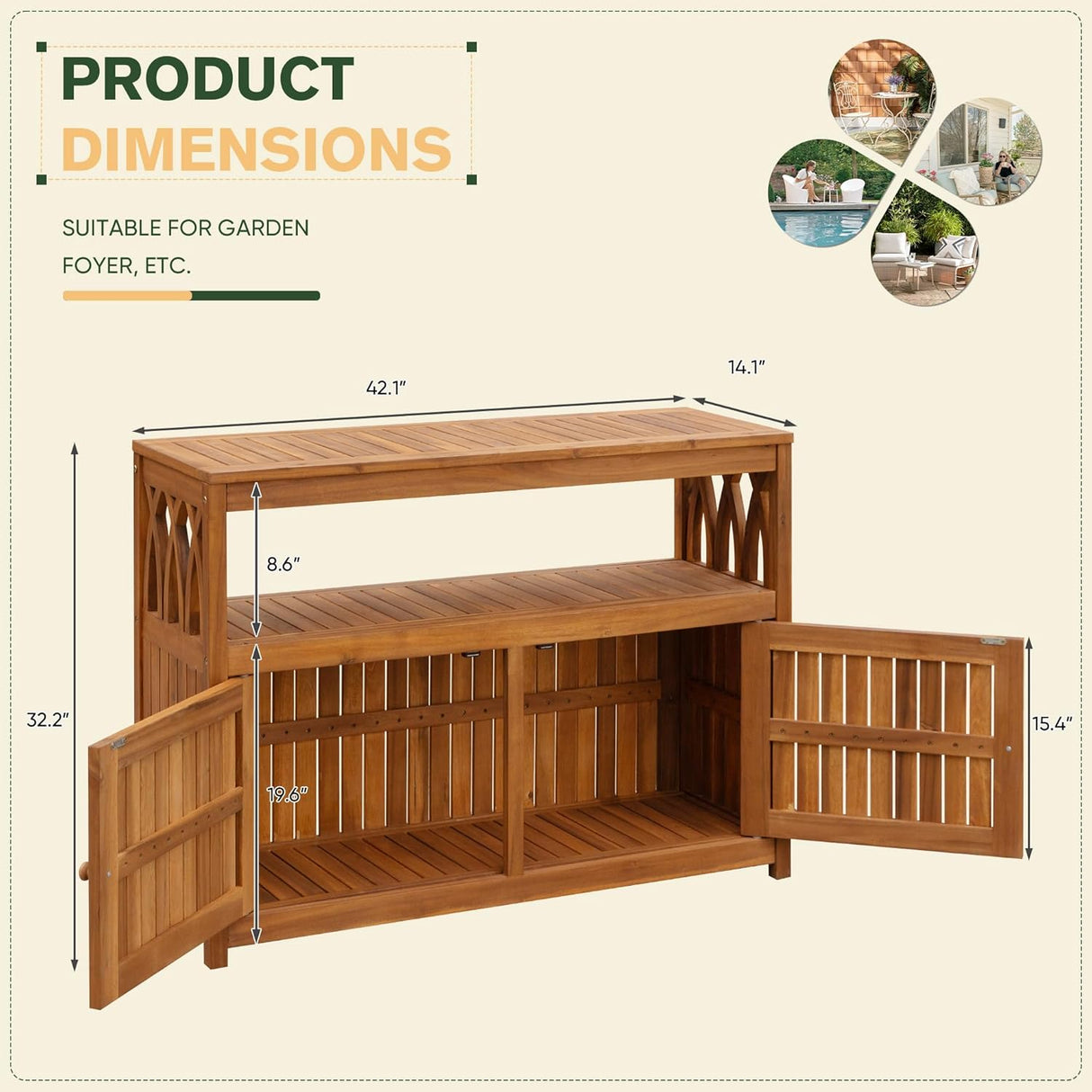 Greesum 2-Tier Outdoor Storage Cabinet in Acacia Wood, with 2 Magnetic Doors, for Garden, Picnic, Buffet, TV Stand, or Bar Table, Brown