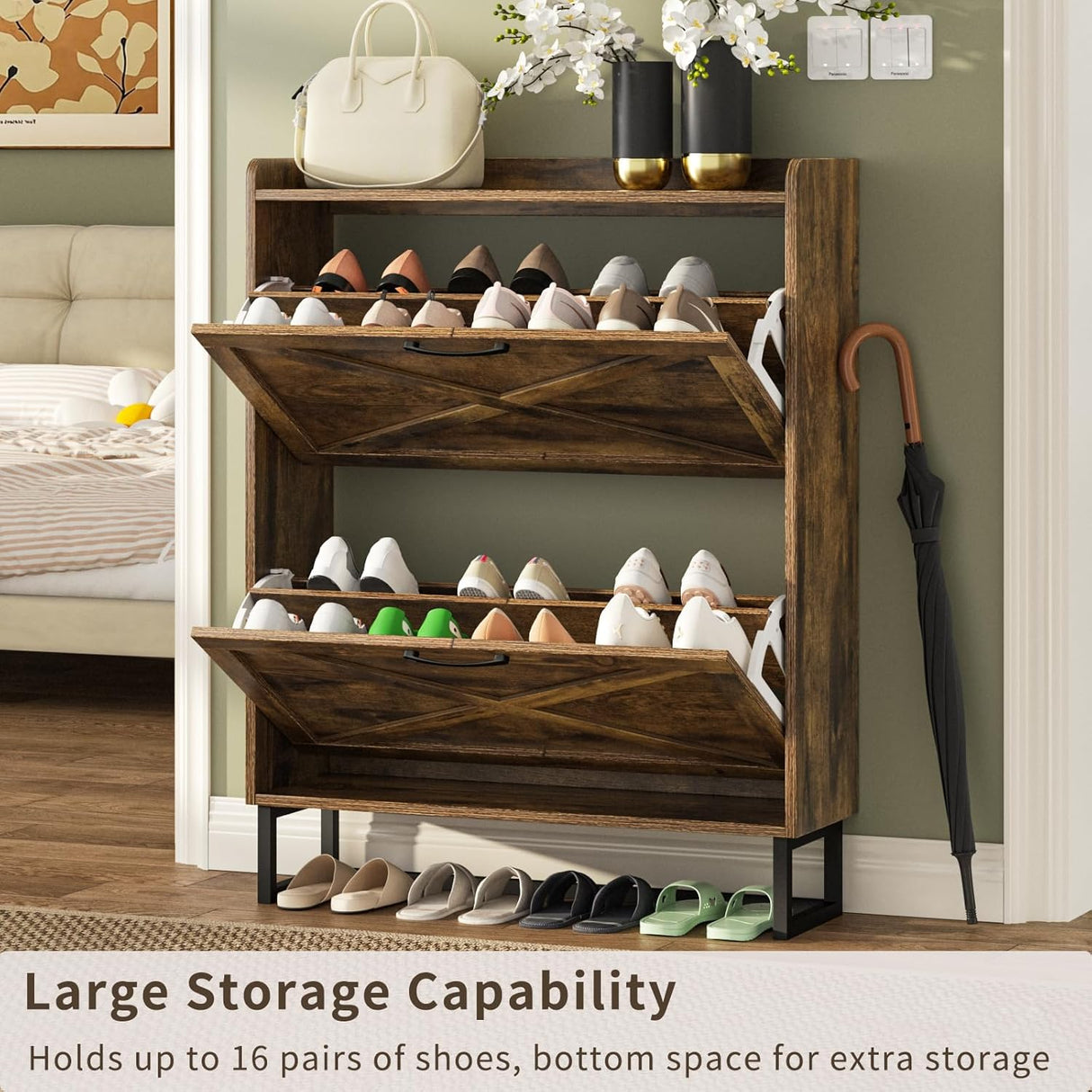 Lumoti Shoe Storage Cabinet with 2 Flip Drawers, Freestanding Shoe Organizer with Metal Legs for Entryway, Narrow Shoe Rack Cabinet, Rustic Brown (Rustic Brown)