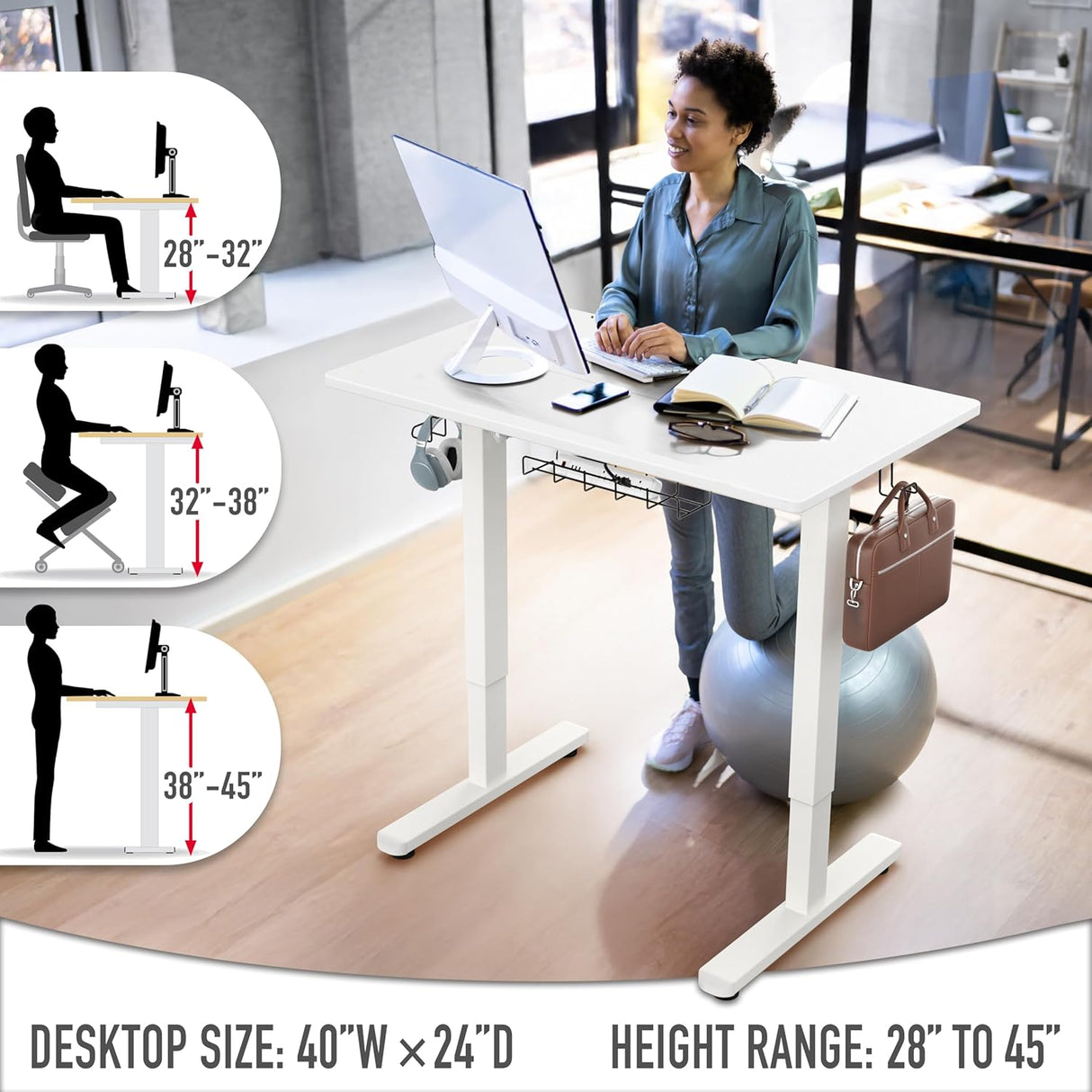 SHW 100 x 55 cm Electric Standing Desk, Whole Piece Desktop Height Adjustable Sit to Stand Desk with Hanging Hooks and Cable Management, White Frame with White Top