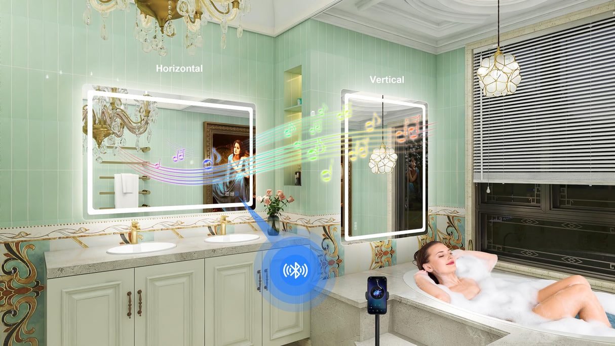 700 x 1000MM LED Bathroom Mirror with Lights, Wall-Mounted with Bluetooth Speaker, Anti-Fog, 3 Color Temperature, Dimmable Brightness, Tempered Glass, Frontlit & Backlit