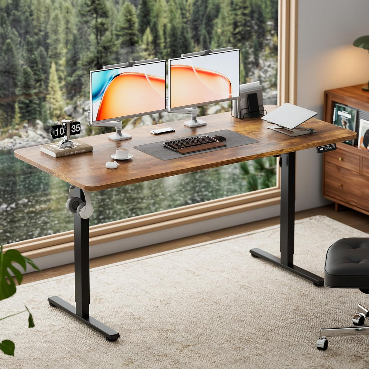 Electric Standing Desk 140x60cm (55.1"x23.6"), Height Adjustable Sit Stand Desk with Hooks, Metal Frame Stand up Desk with Powerful Motor, Ergonomic Computer Desk for Home Office (Brown)