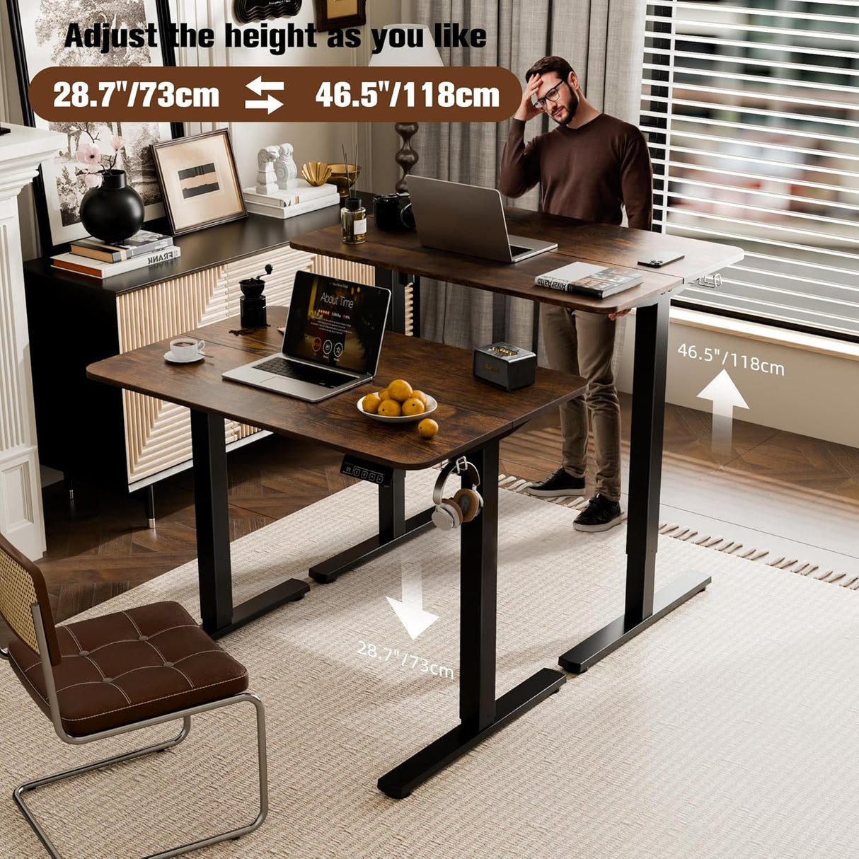 ERGOMAKER Electric Standing Desk 90x60cm (35.4"x23.6"), Height Adjustable Standing Desk with Splice Board, Sit Stand Desk with Hook and Memory Smart Handset(Black Frame + Rustic Brown Desktop)