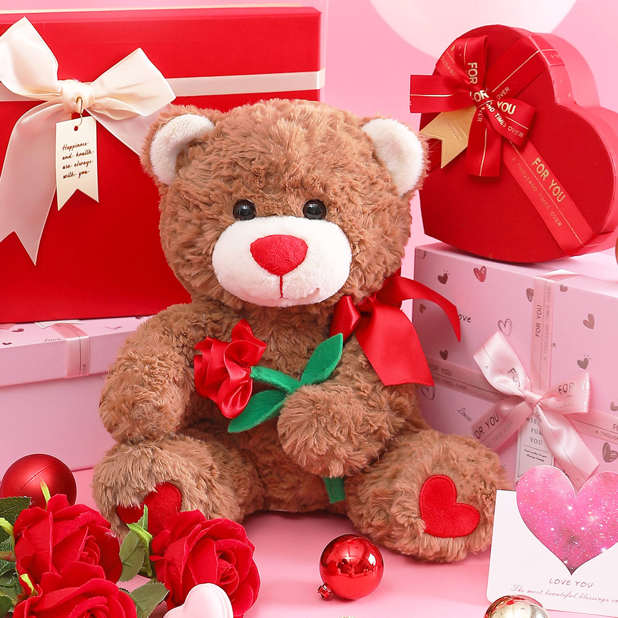 Bear Stuffed Animal Love Plush Toy with Bow for Valentine Day,Cute 10.6" Plushie with Rose Soft Small Cuddly Toy,Valentineās Day Gifts for Girlfriend Boyfriend Her Girls Boys (Bear)