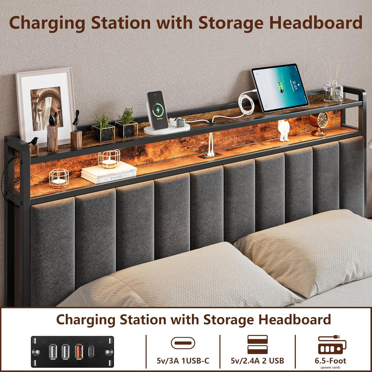 Queen Bed Frame with Storage, Upholstered Bed Frame with LED Lights Headboard and 2 Drawers, Charging Station, Noise-Free, No Box Spring Needed, Easy Assembly, Grey