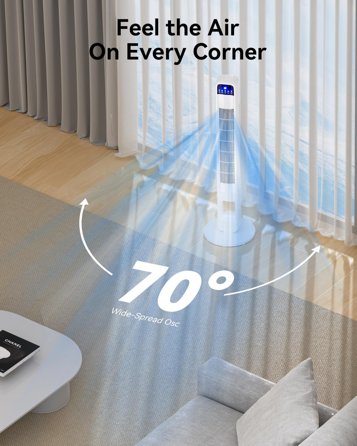 Billord Pedestal Tower Fan for Bedroom - Bladeless Oscillating Fans with 3 Fan Speed & 3 Wind Modes Portable Fans, Standing Fan 12H Timer, Tower Fan 70 Degree, Oscillating for Home