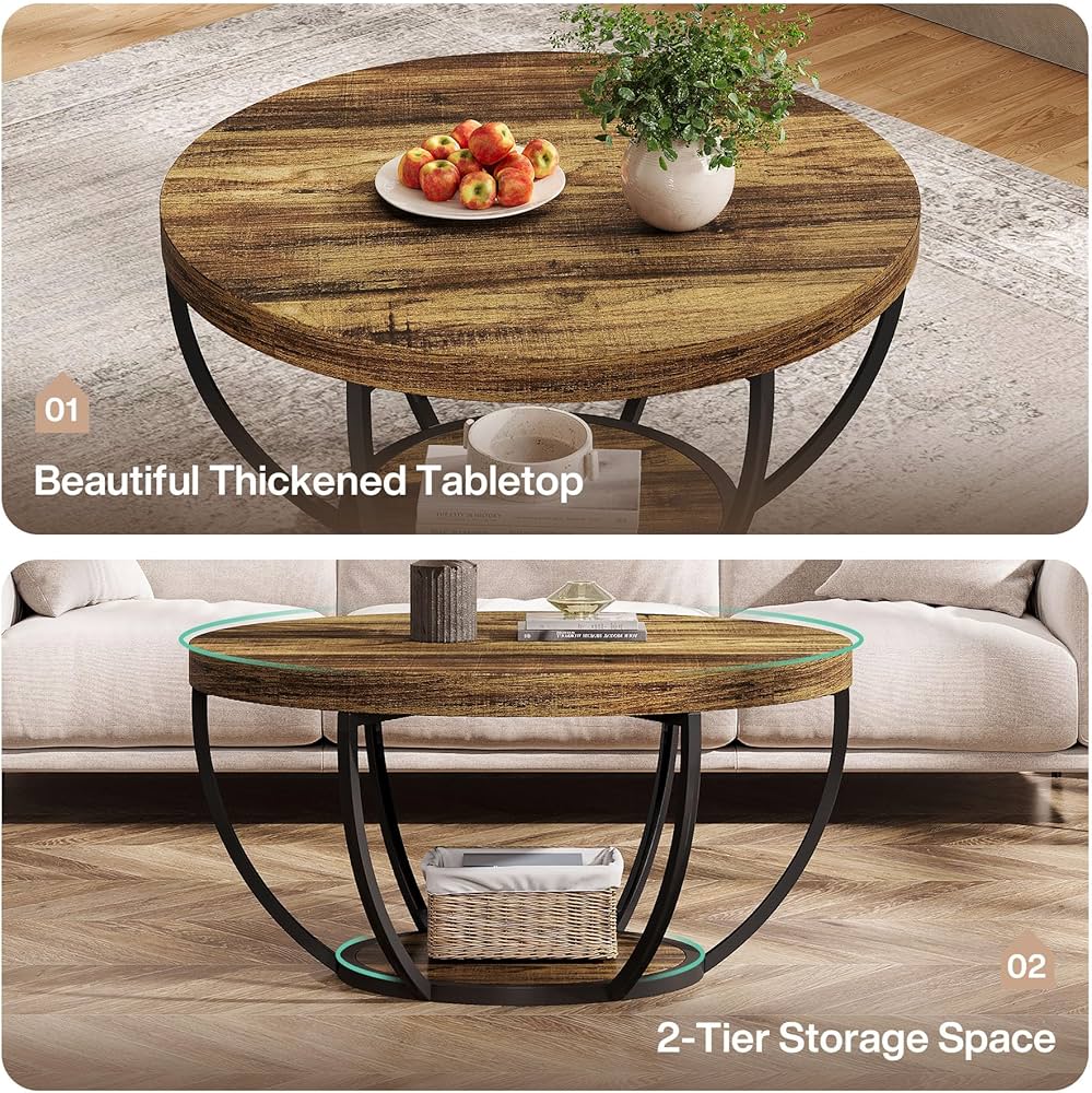 31.7" Round Coffee Table, Industrial 2-Tier Circle Coffee Table with Storage Shelves, Modern Wooden Accent Center Table Sofa Side Table for Living Room, Home Office, Wooden Grain